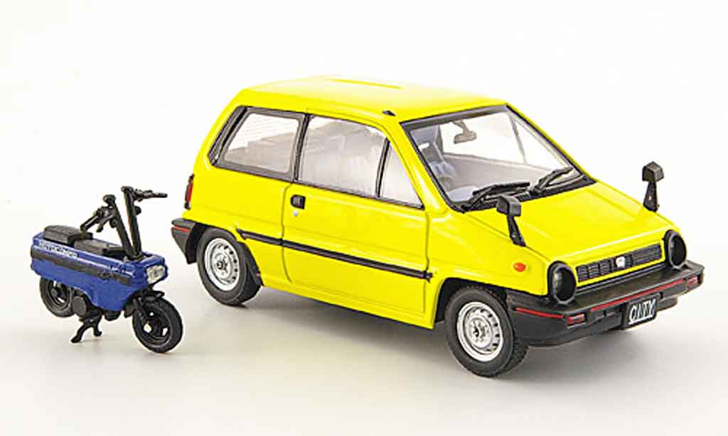Honda City 1/43 Ebbro giallo avec Motocompo Minimotorrad 1981 modellino in miniatura