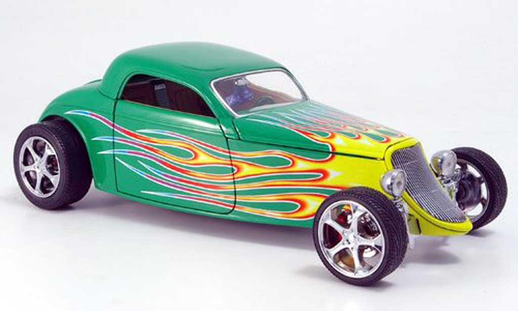 Ford Hot Rod 1/18 Yat Ming coupe grun avec flammendesign 1933 modellino in miniatura