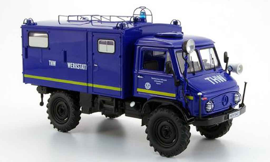 Mercedes Unimog 1/43 Schuco 404 S THW Werkstatt Funkkoffer modellino in miniatura