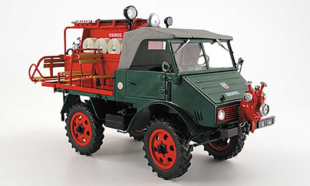 Mercedes Unimog 1/18 Schuco 401 pompier avec spezialaufbau grun rosso 1953 modellino in miniatura