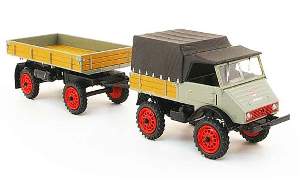 Mercedes Unimog 1/43 Schuco 401 grigio avec Muller avecteltal Anhanger modellino in miniatura