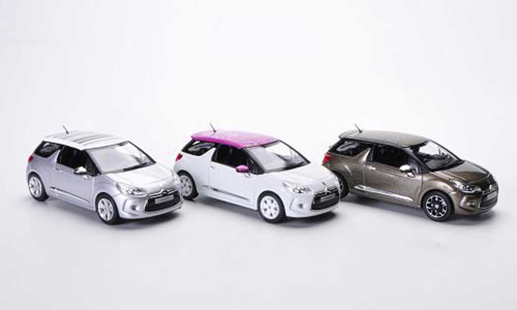 DS Automobiles DS3 1/43 Norev 3er-Set: bianco/Flower - grigio/Grafic Art und oliv/Falvio 2012 modellino in miniatura