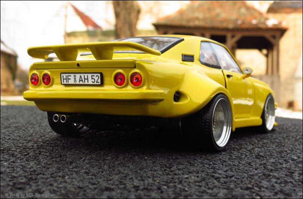 Opel Manta A 1/18 Norev A giallo kit carrosserie sur mesure jantes en nid d'abeilles tuning modellino in miniatura