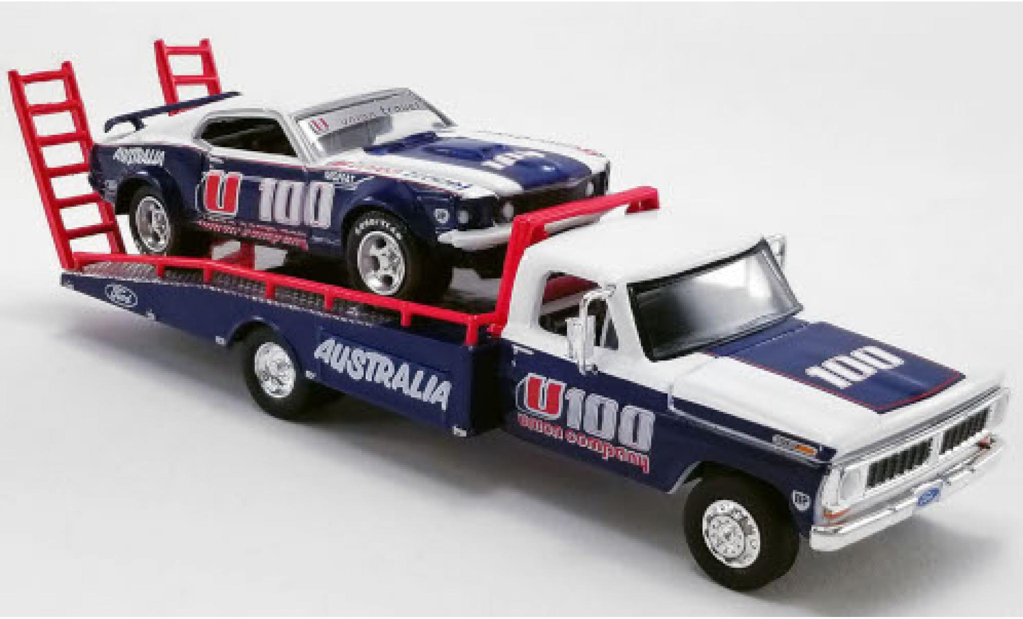 Ford F-350 1/64 ACME Ramp Truck Union Company U100 1970 mit 1969 Trans Am Mustang und Auffahrrampen Alan Moffat Racing modellino in miniatura