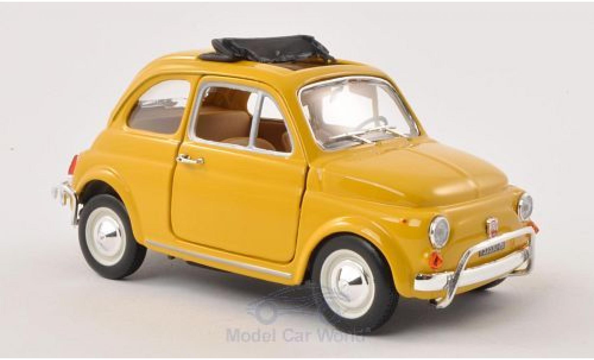 Fiat 500 1/24 Burago L giallo 1968 geöffnetes Faltdach ohne Vitrine modellino in miniatura