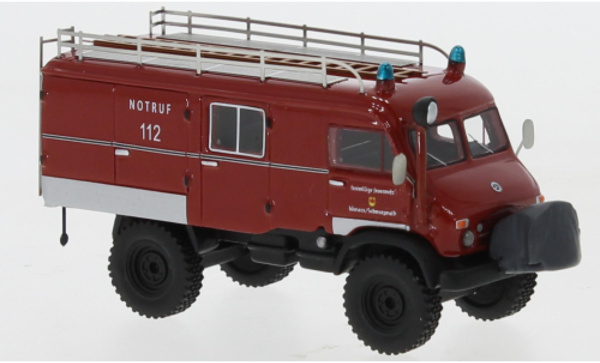 Mercedes Unimog 1/87 BoS Models 404 S LF8 rosso/nero Freiwillige Feuerwehr Häusern / Schwarzwald 1962 modellino in miniatura