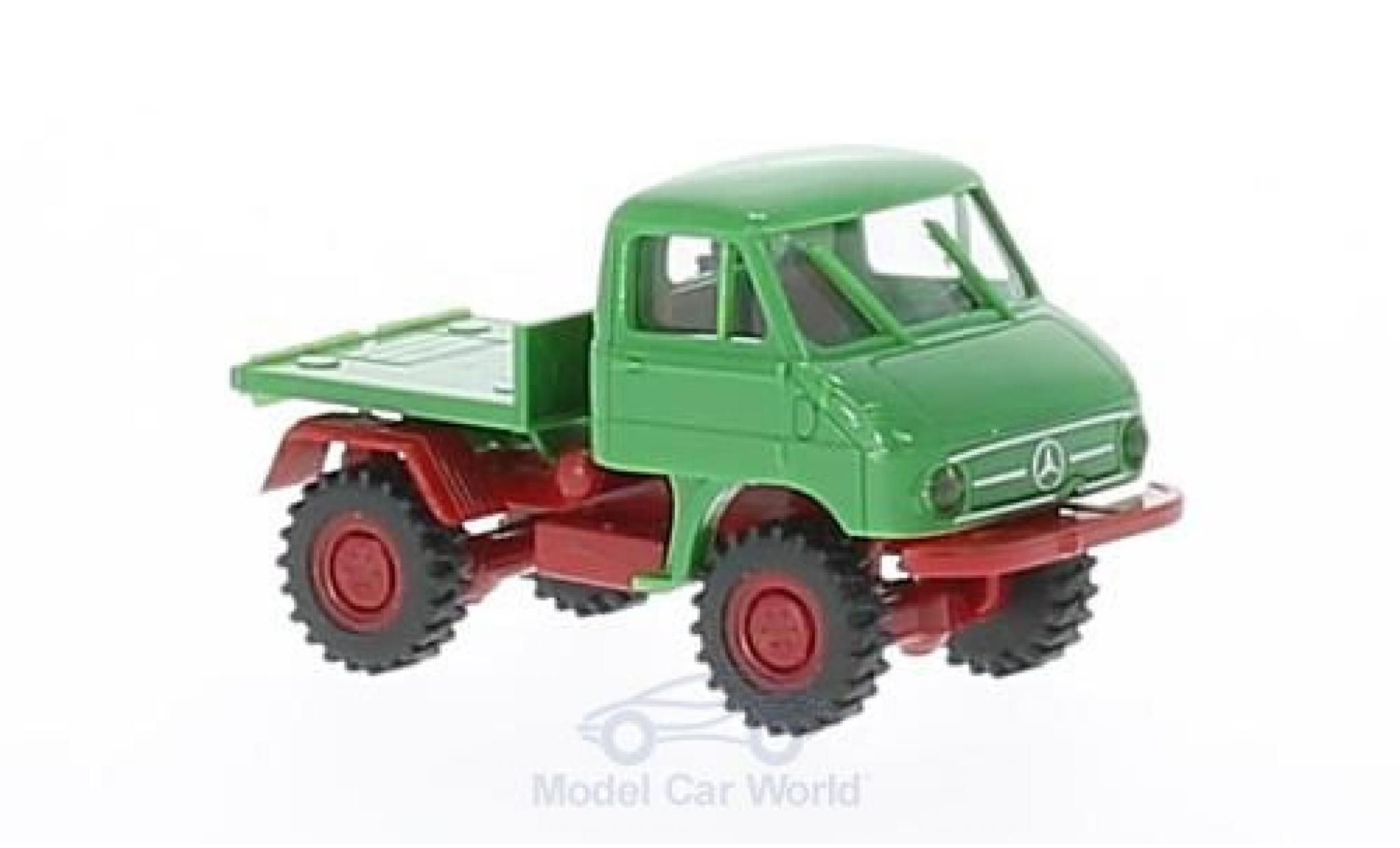 Mercedes Unimog 1/87 Brekina 411 verde/rosso mit Plattform modellino in miniatura
