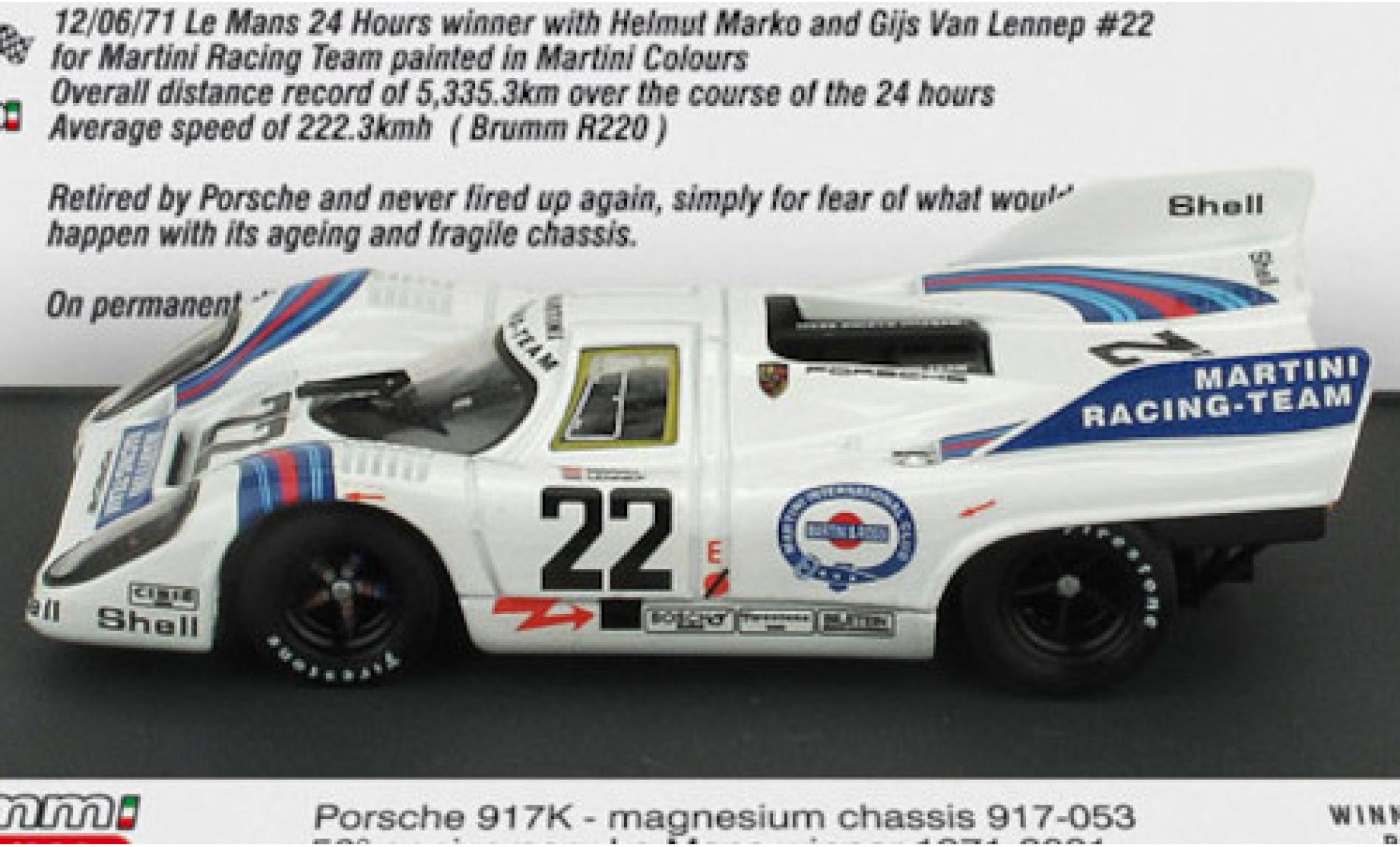 Porsche 917 1971 1/43 Brumm K RHD No.22 Martini Racing Team Martini 24h Le Mans 1971 in Sonderverpackung H.Marko/G.van Lennep modellino in miniatura