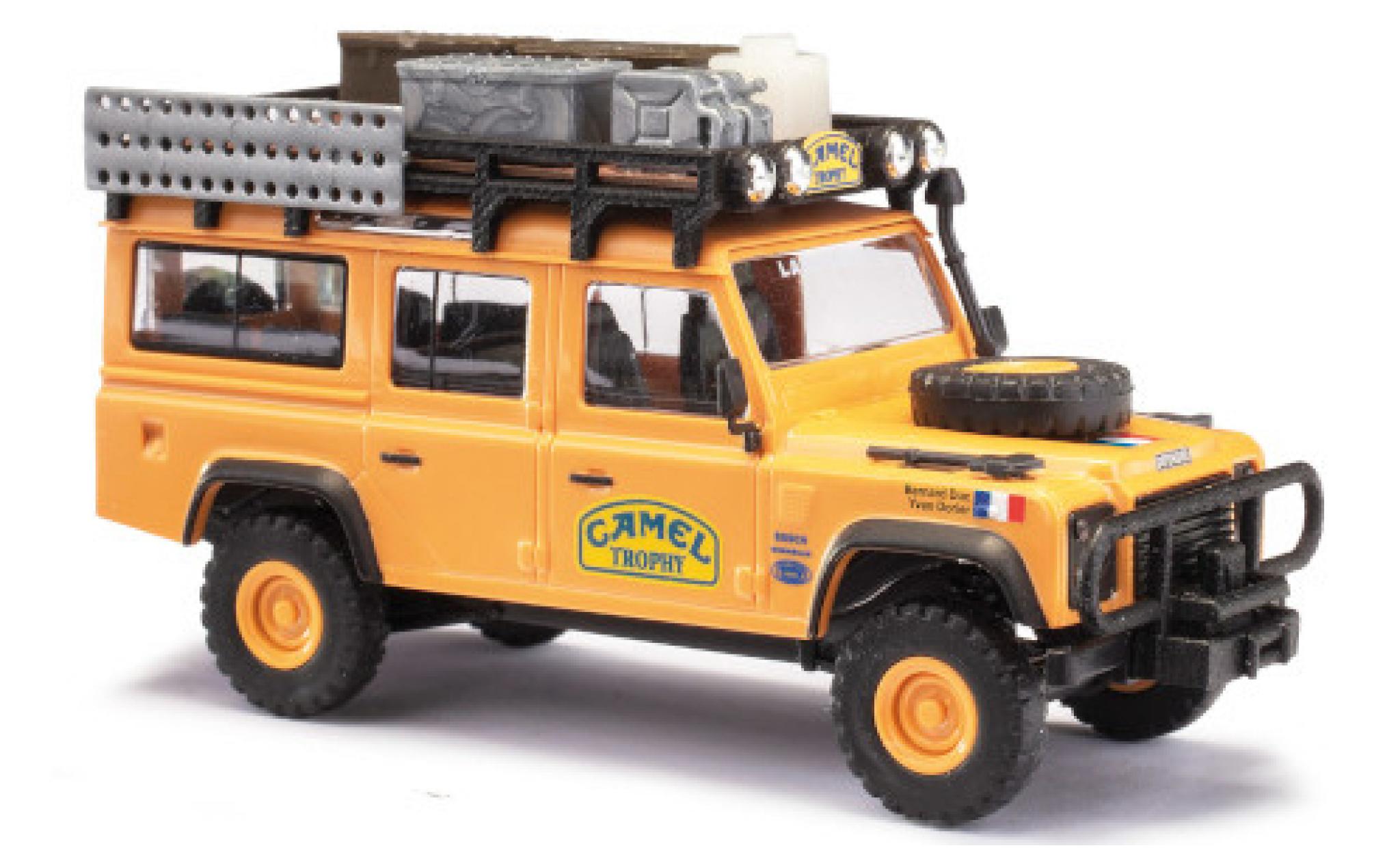 Land Rover Defender 1/87 Busch 110 Team France Camel Trophy Camel Trophy 1989 avec Rack de toit Y.Dorier/B.Duc modellino in miniatura