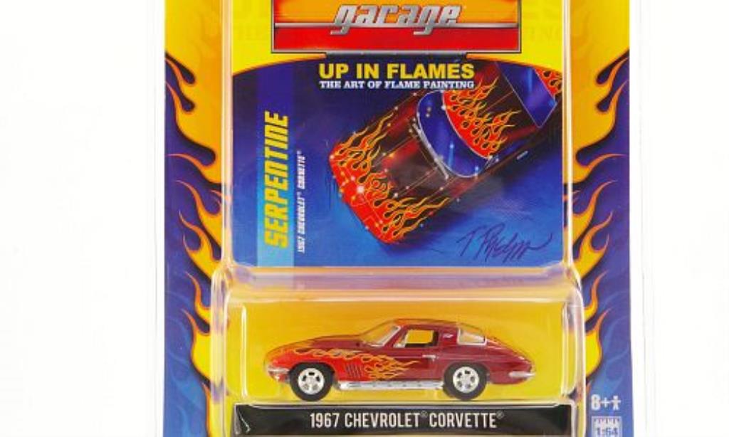 Chevrolet Corvette C2 1/64 Greenlight C2 rosso mit Flammendekor 1967 modellino in miniatura