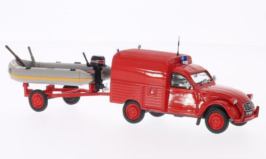 Citroen 2CV 1/43 Eligor AKS 400 Centre de Secours de Deauville Feuerwehr (F) mit Zodiac auf Anhanger modellino in miniatura
