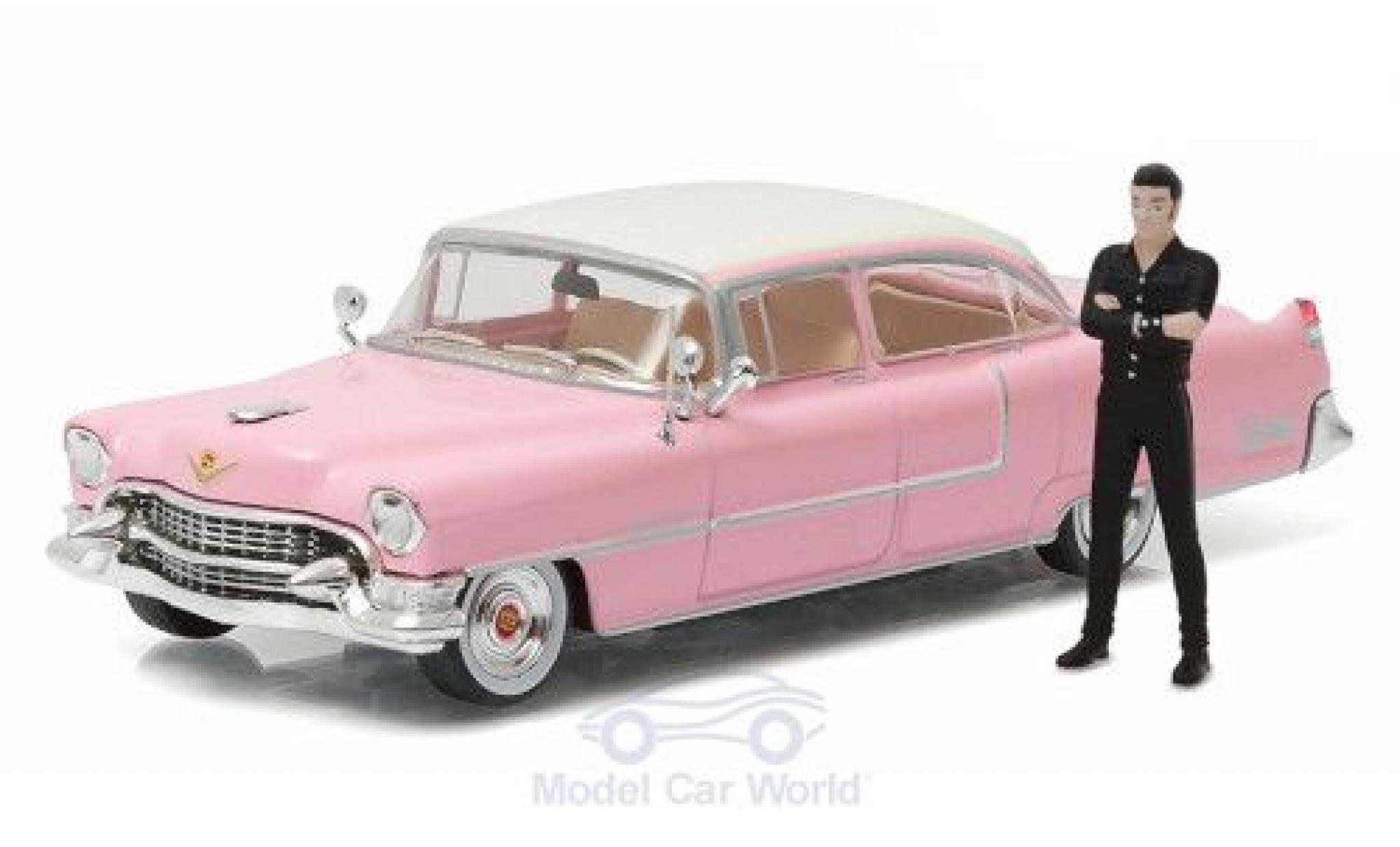 Cadillac Fleetwood 1/64 Greenlight Series 60 rosa/bianco Bullitt 1955 mit Elvis Figur modellino in miniatura