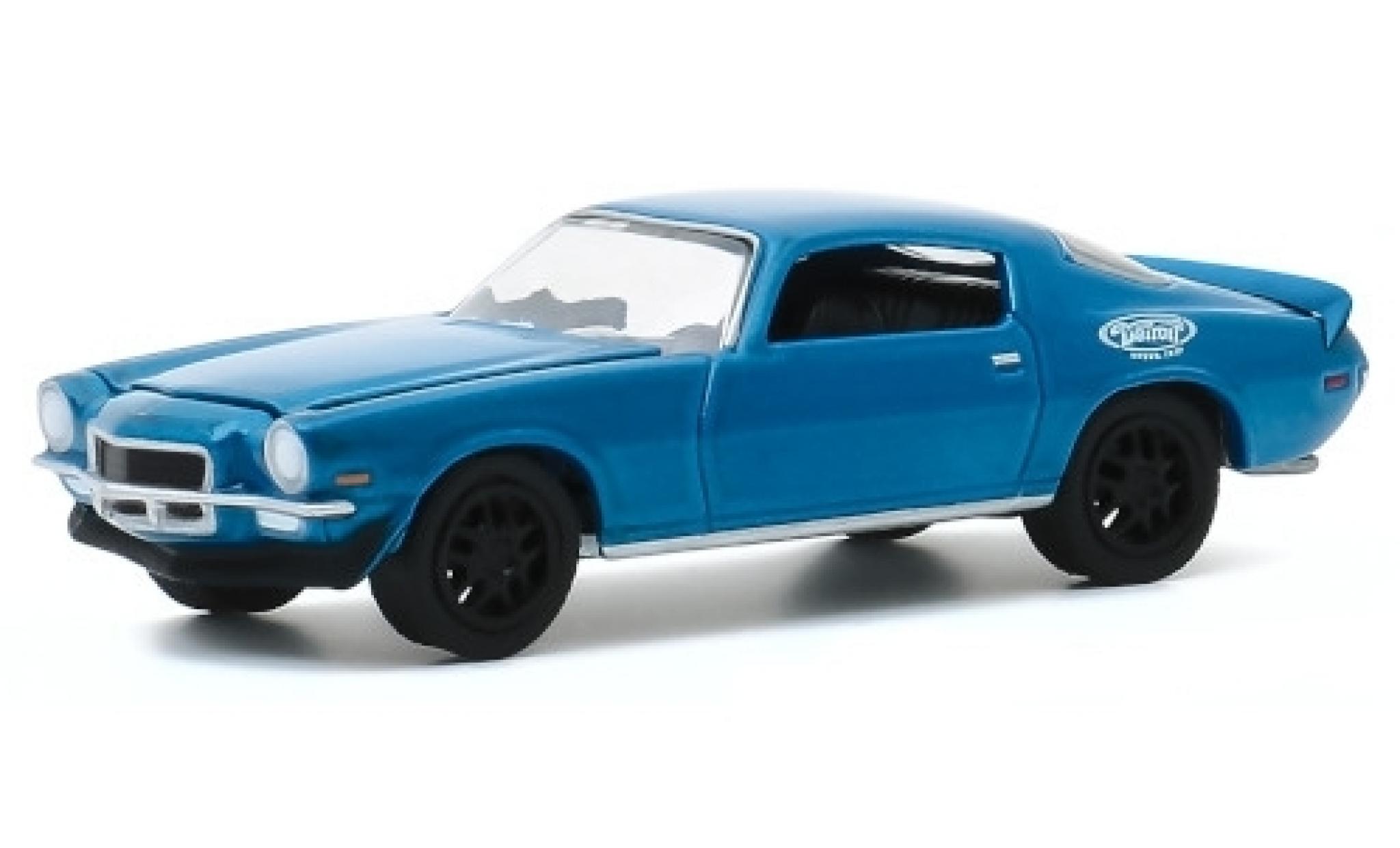 Chevrolet Camaro 1/64 Greenlight metallico blu/Dekor 1970 Testfahrzeug modellino in miniatura
