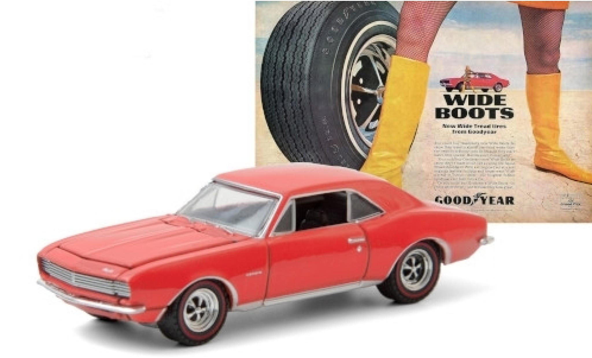 Chevrolet Camaro 1/64 Greenlight rosso 1967 Goodyear Wide Tread Tires modellino in miniatura