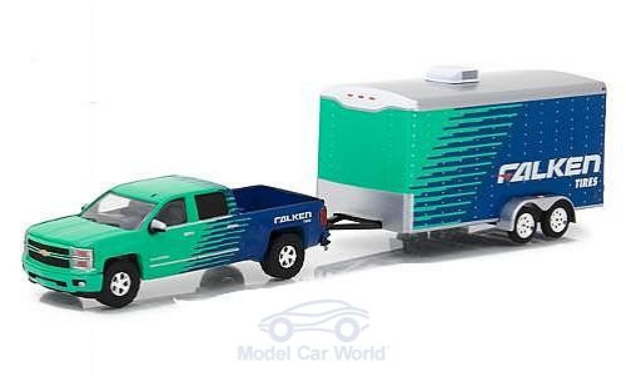 Chevrolet Silverado 1/64 Greenlight verde/blu Falken Tire 2015 mit Anhänger modellino in miniatura