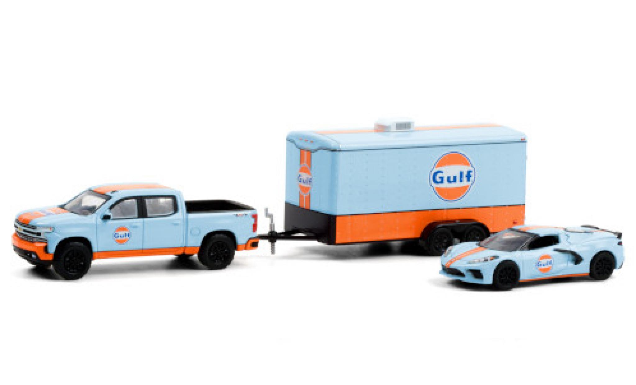Chevrolet Silverado 1/64 Greenlight Gulf 2021 y compris les Corvette Stingray (C8) et fermé Remorque porte-voiture modellino in miniatura