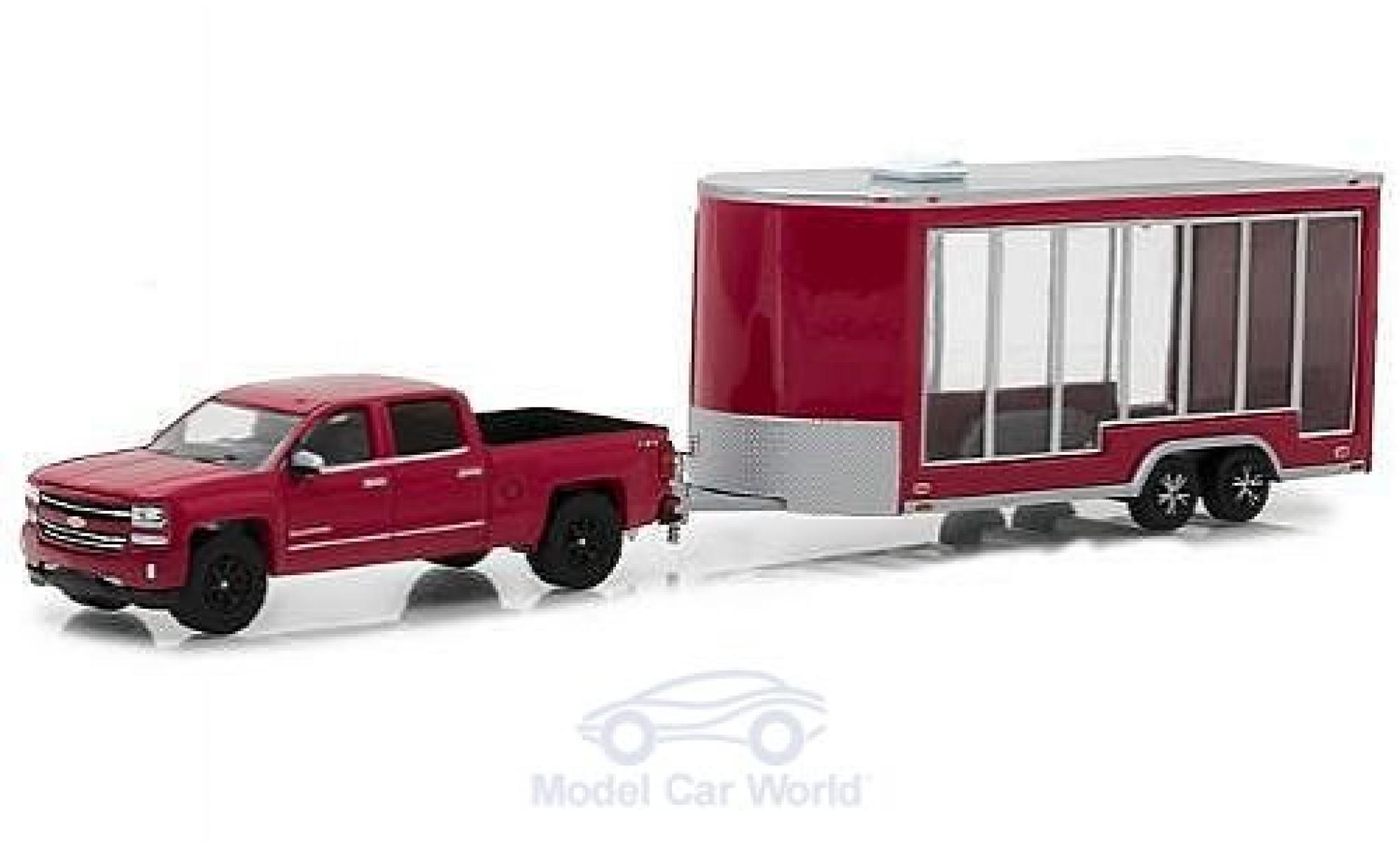 Chevrolet Silverado 1/64 Greenlight rosso/grigio 2016 mit Display Trailer modellino in miniatura