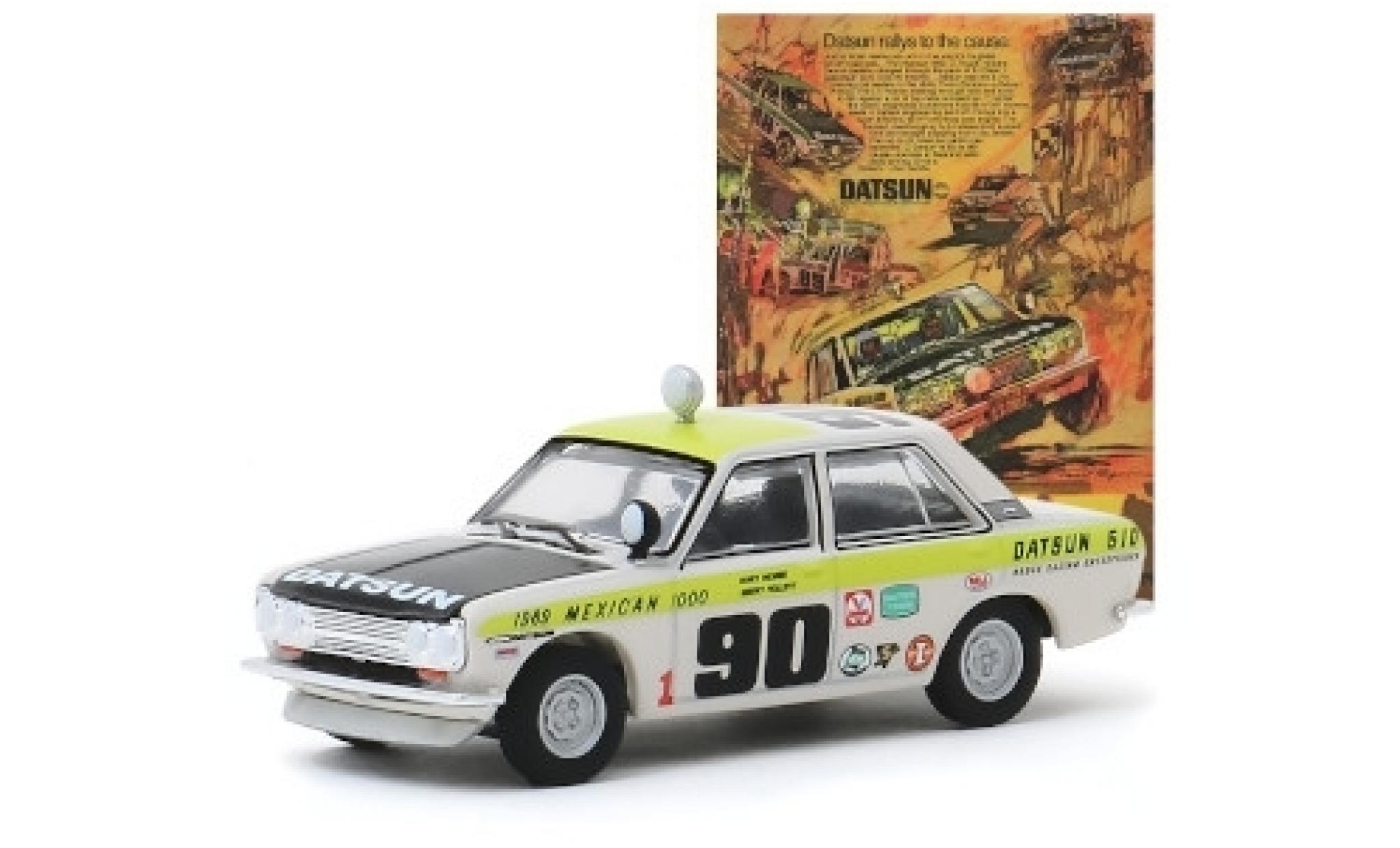 Datsun 510 1/64 Greenlight 4-Door Sedan No.90 Brock Racing Enterprises Mexican 1000 1969 G.Follett/M.McBee modellino in miniatura