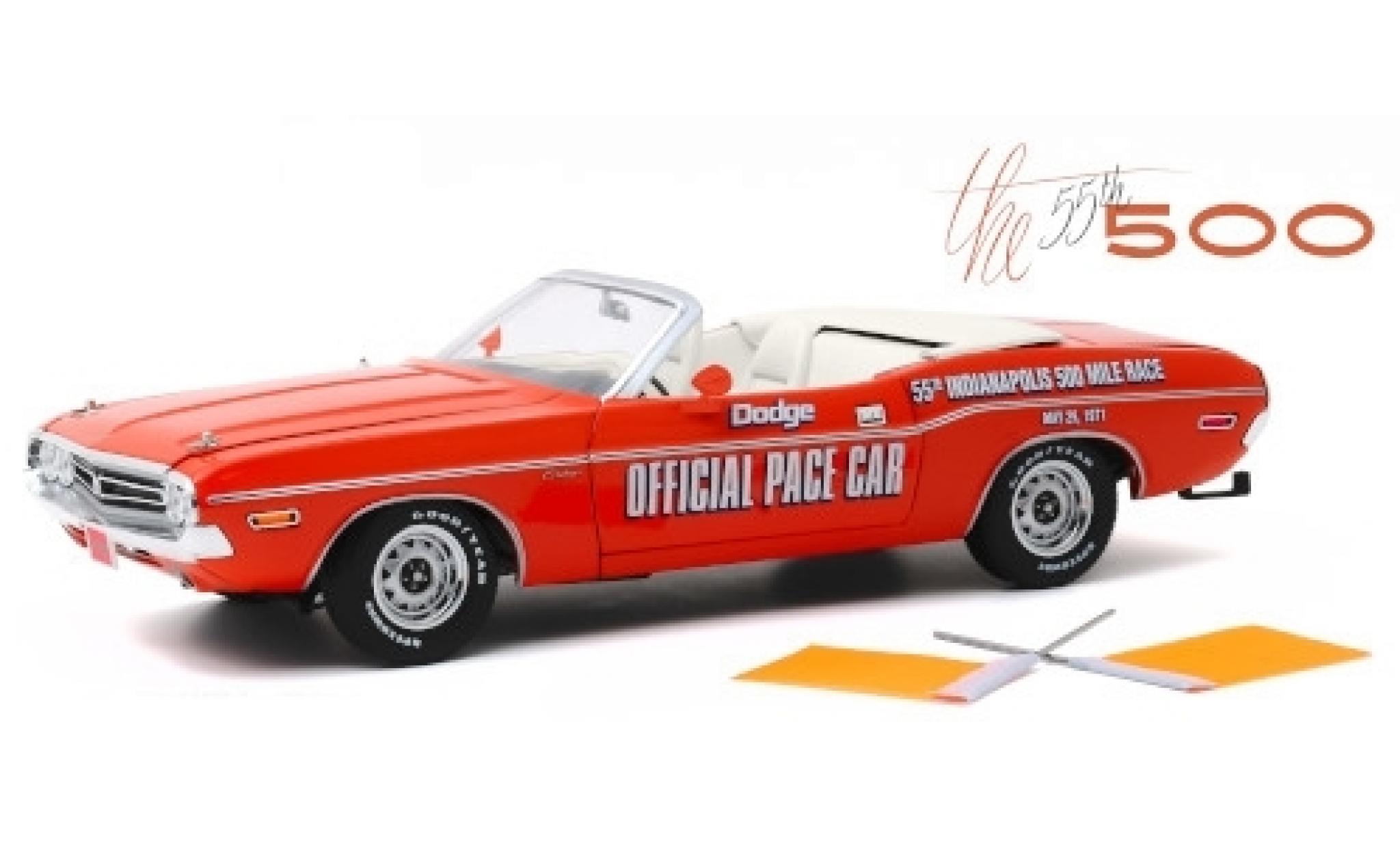 Dodge Challenger 1/18 Greenlight Convertibile orange Official Pace Car Indy 500 1971 55th Indianapolis 500 Mile Race y compris les Flaggen modellino in miniatura