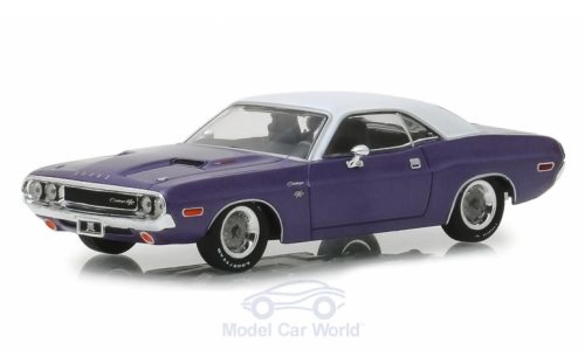 Dodge Challenger 1/43 Greenlight R/T metallico porpora/bianco Graveyard Carz 1970 modellino in miniatura