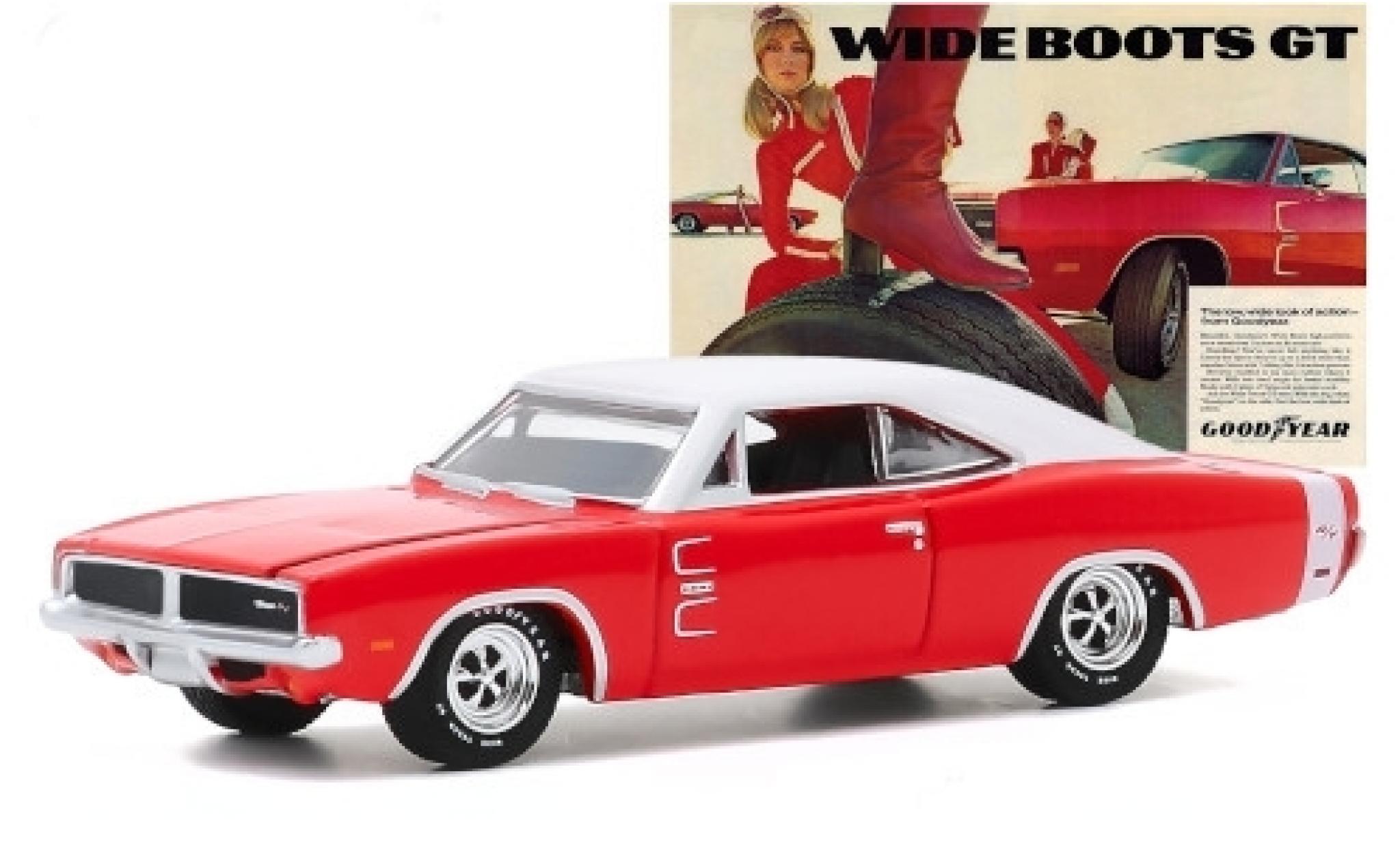 Dodge Charger 1/64 Greenlight R/T rosso/matt-bianco 1969 Goodyear Wide Boots GT modellino in miniatura
