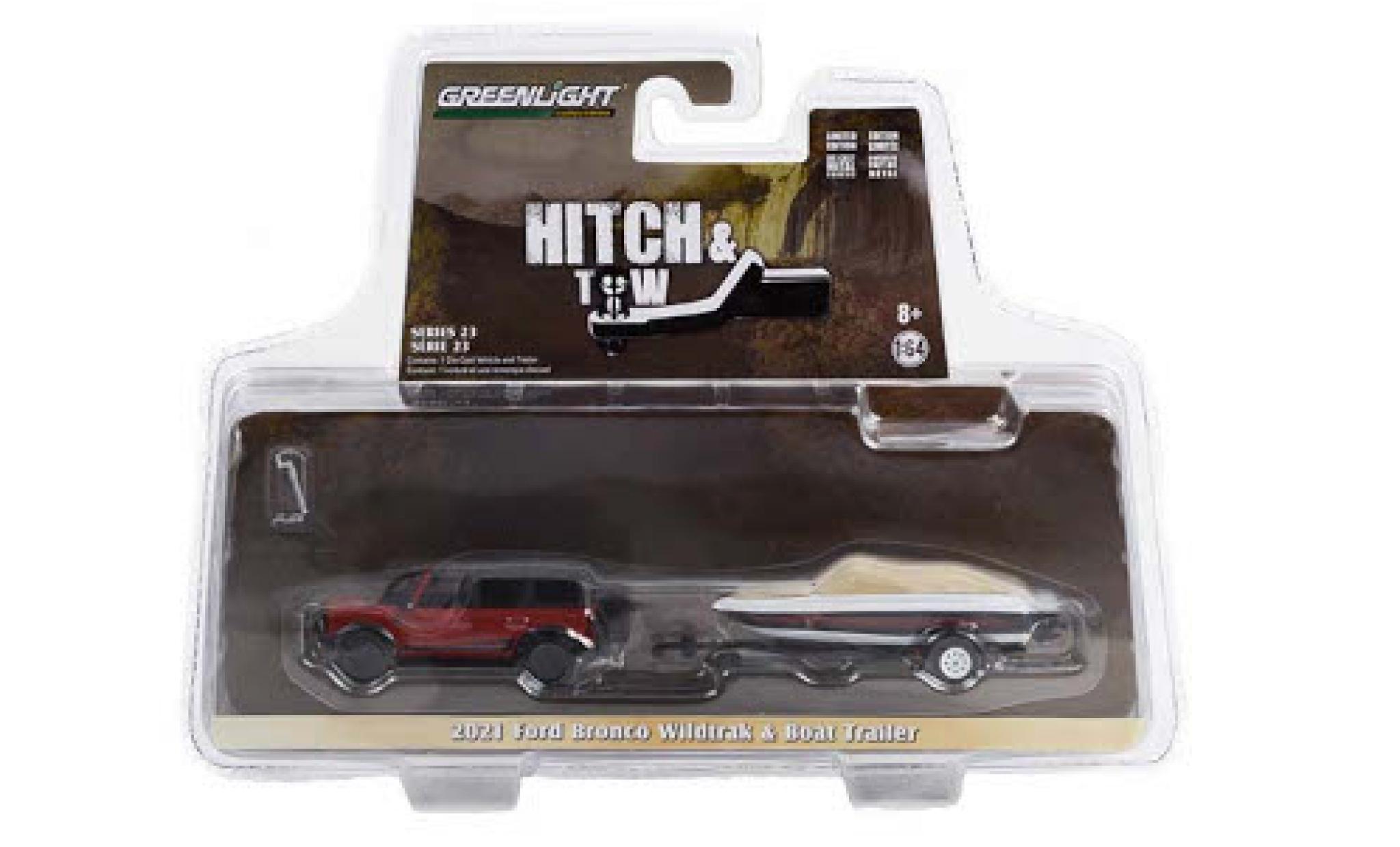 Ford Bronco 1/64 Greenlight Wildtrak rosso/nero 2021 mit Boat Trailer modellino in miniatura