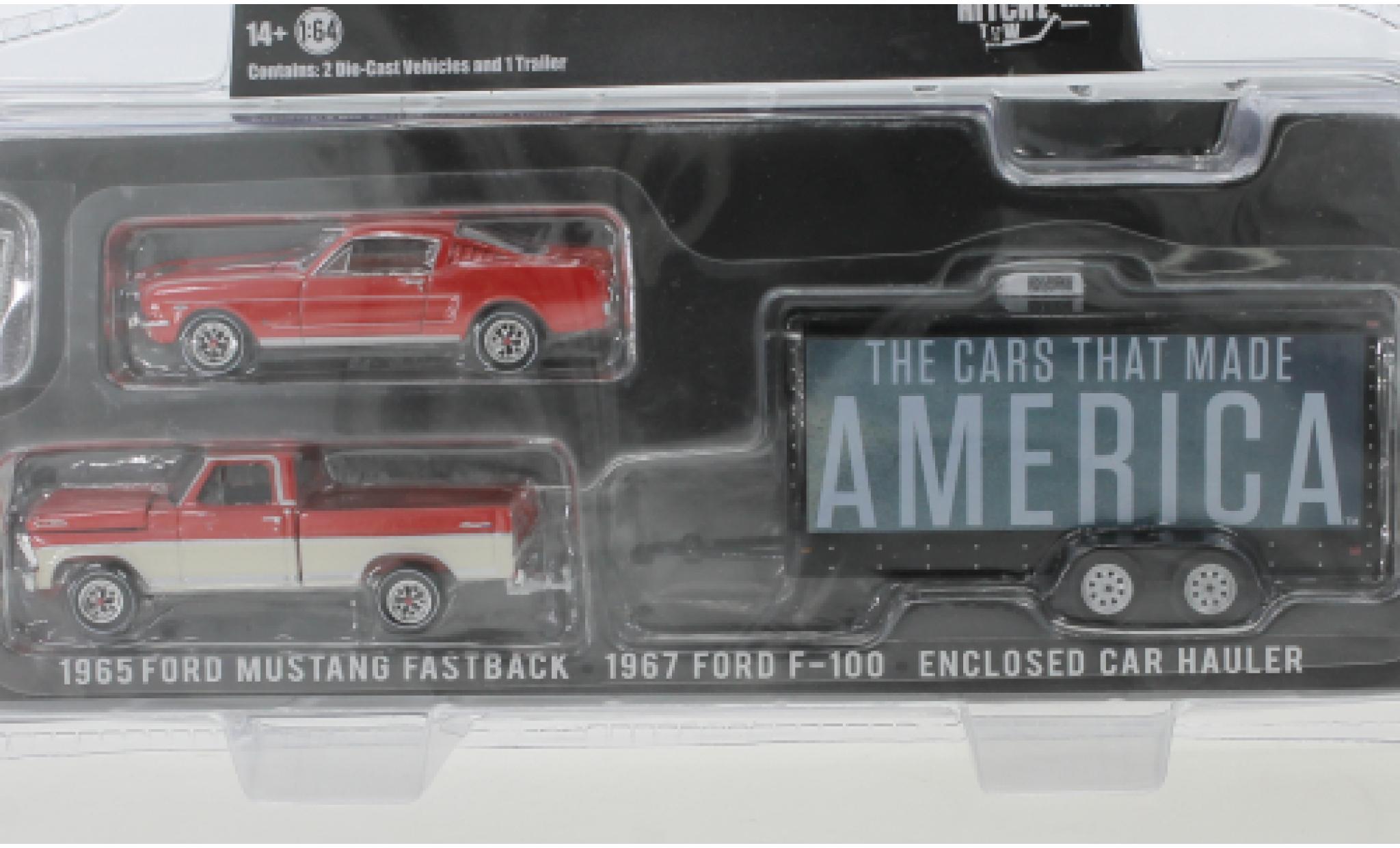 Ford F-1 1/64 Greenlight 00 rosso/bianco 1967 mit 1965 Mustang Fastback und Zweiachskofferanhänger History Channel modellino in miniatura