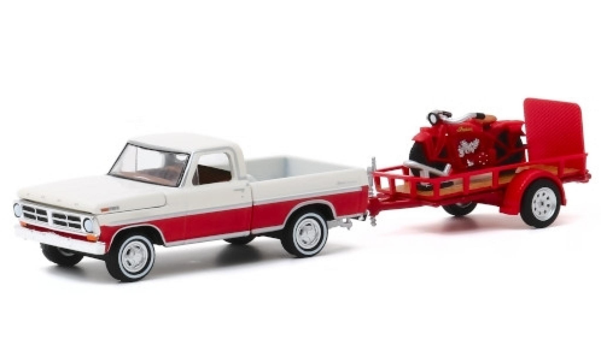 Ford F-1 1/64 Greenlight 00 bianco/rosso 1972 mit Einachsanhänger und 1920 Indian Scout modellino in miniatura