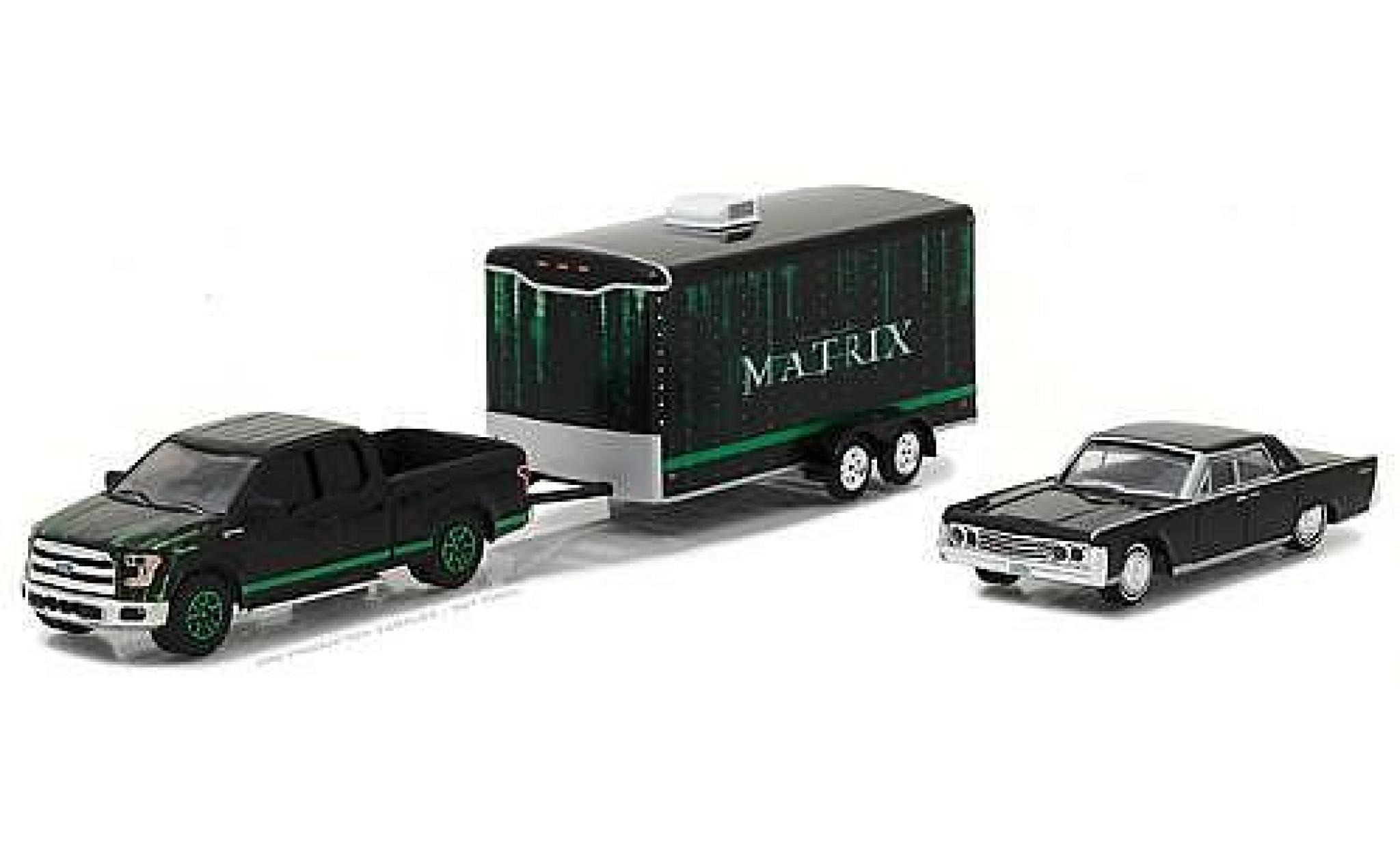 Ford F-1 1/64 Greenlight 50 nero/verde 2015 with 1995 Lincoln Continental and Enclosed Trailer modellino in miniatura