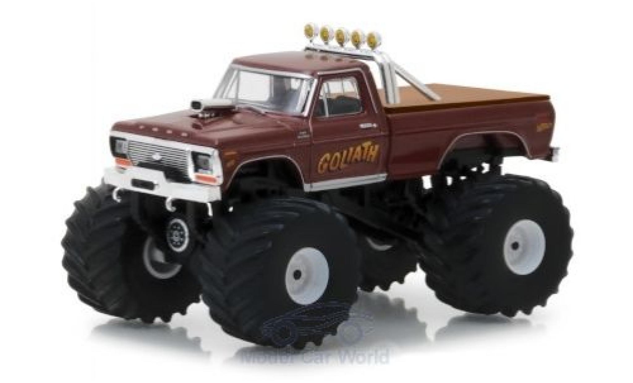 Ford F-250 1/64 Greenlight Monster Truck metallico marroneee Goliath 1979 modellino in miniatura