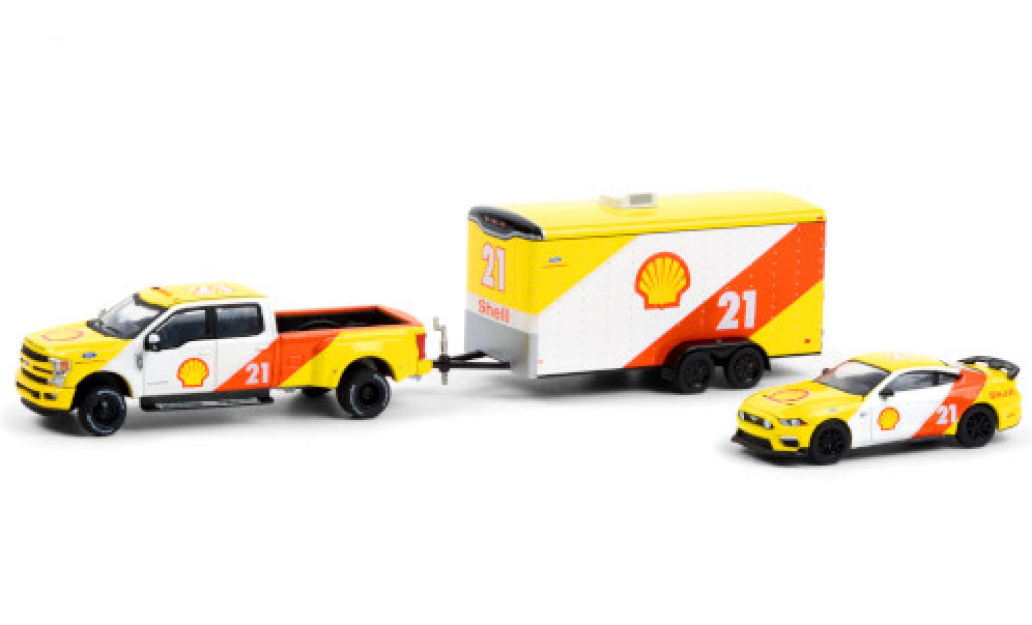 Ford F-350 1/64 Greenlight Lariat No.21 Performance S 2019 y compris les 2021 Mustang Mach 1 et fermé Remorque porte-voiture modellino in miniatura