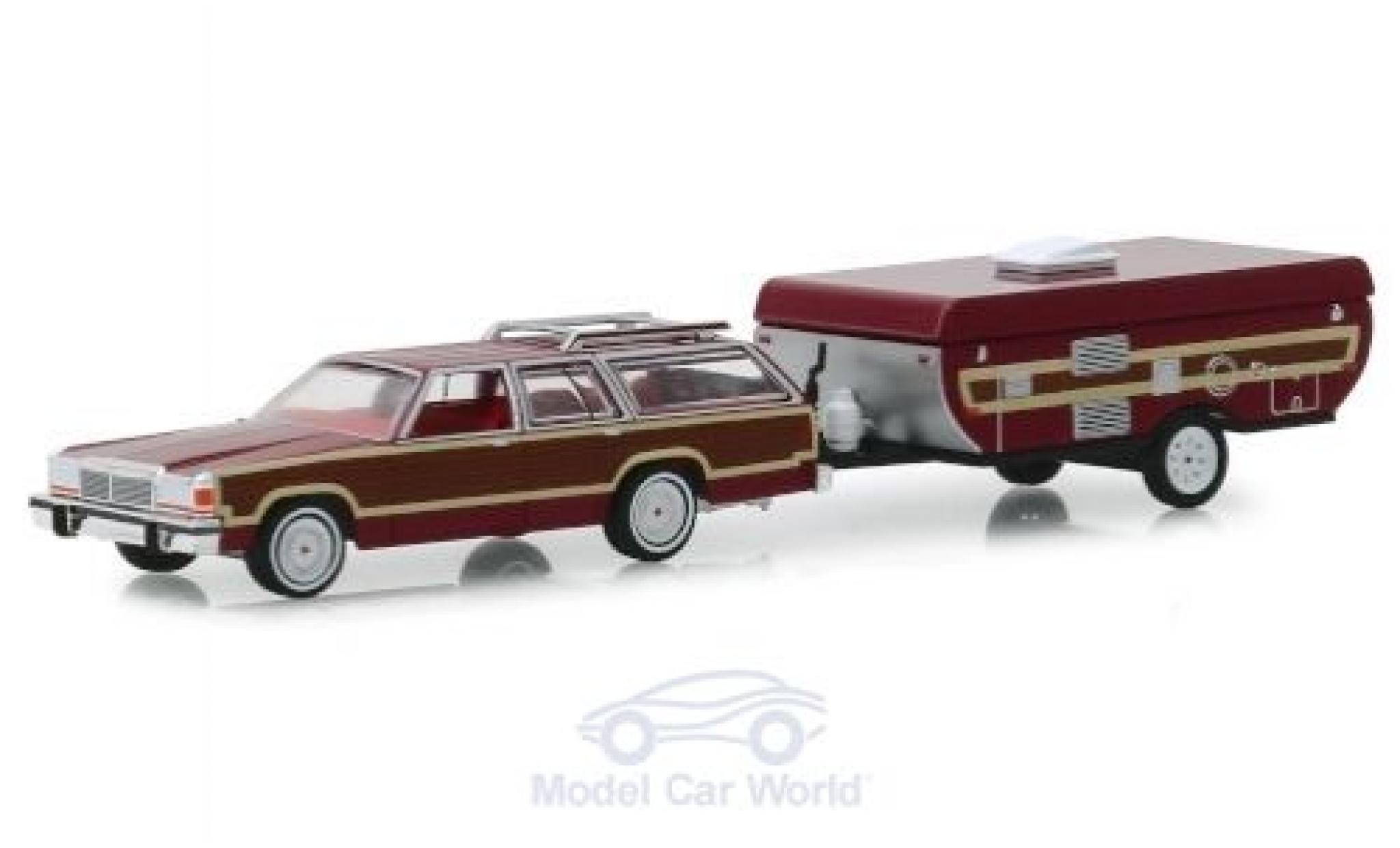Ford LTD 1/64 Greenlight Country Squire rosso/Holzoptik 1981 mit Pop-Up Camper Trailer modellino in miniatura