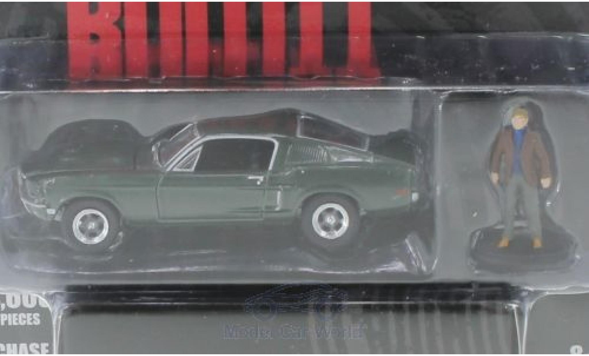 Ford Mustang GT 1/64 Greenlight GT verde Bullitt 1968 mit Steve McQueen Figur modellino in miniatura