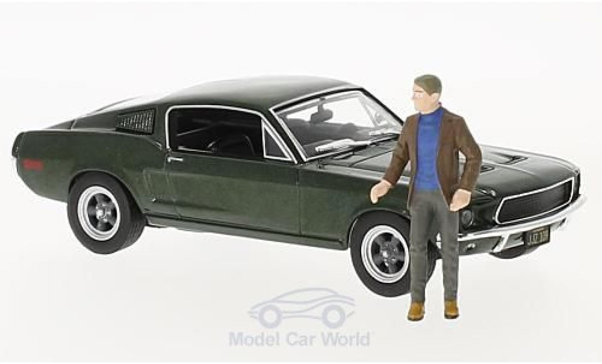 Ford Mustang 1/43 Greenlight GT metallico verde Bullitt 1968 mit Figur Steve McQueen modellino in miniatura