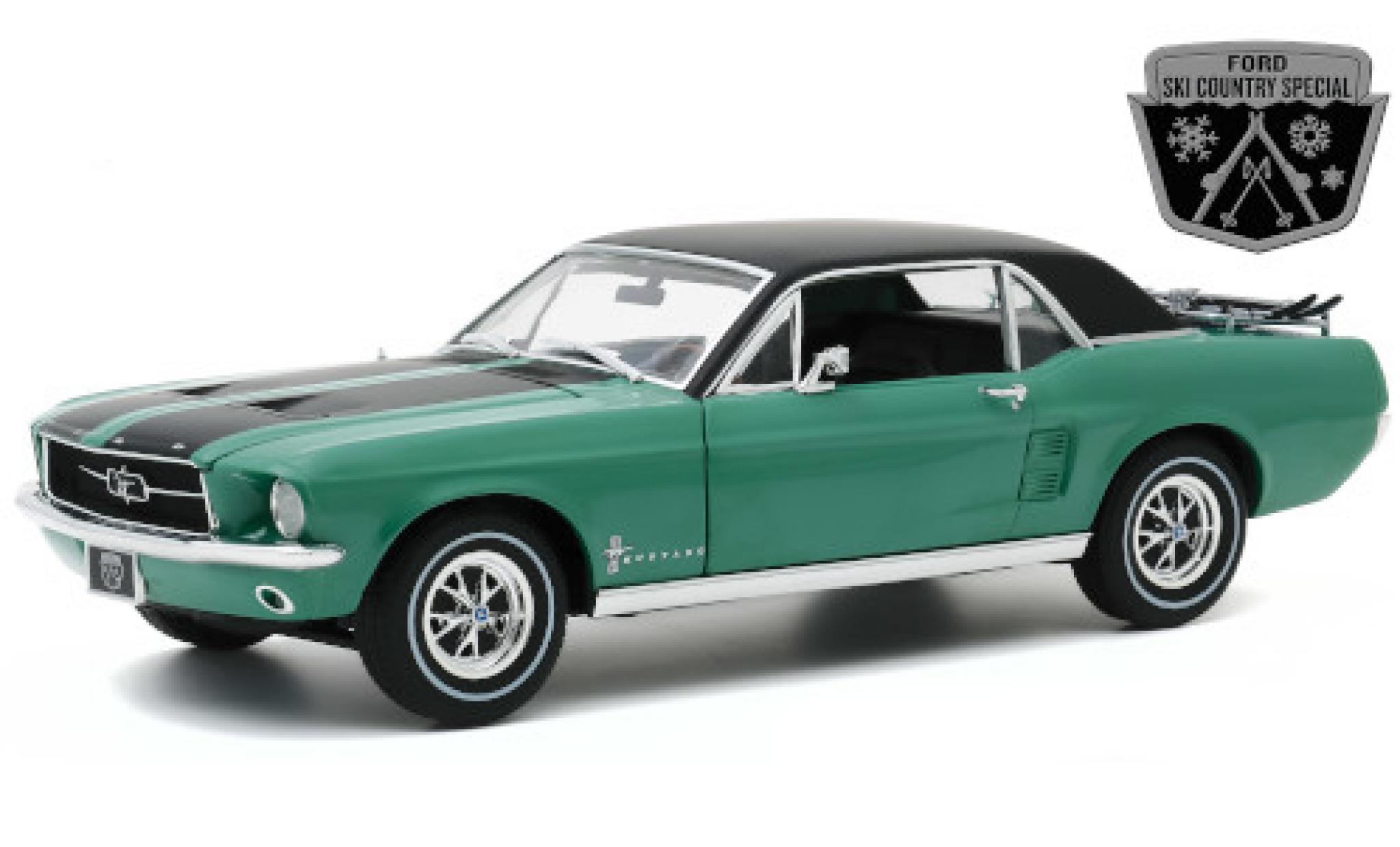 Ford Mustang 1/18 Greenlight Ski Country Special metallico verde/matt-nero 1967 mit Dachgepäckträger modellino in miniatura