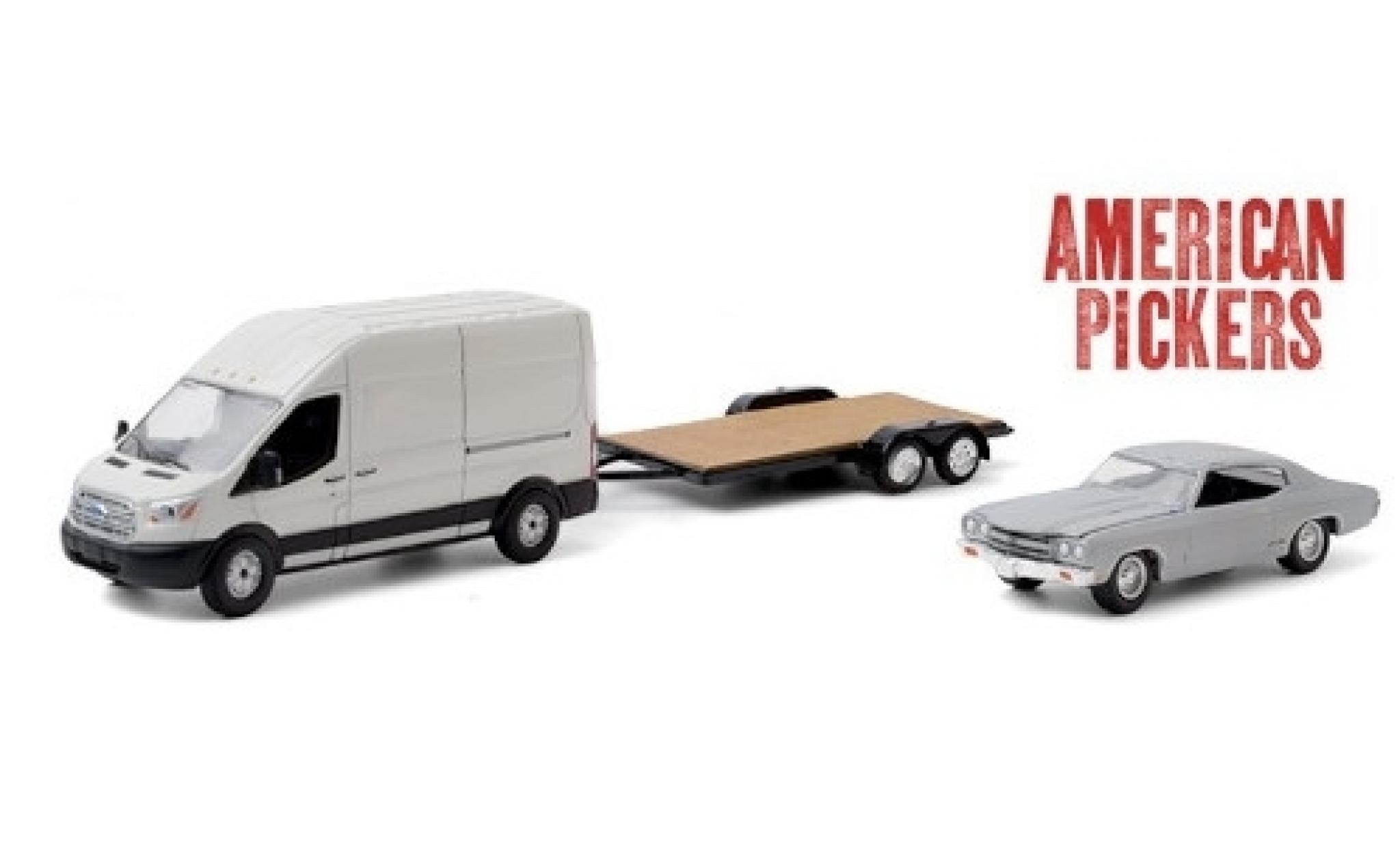 Ford Transit 1/64 Greenlight LWB HD bianco American Pickers 2015 avec Zweiachsanhänger et 1970 Chevrolet Chevelle Malibu modellino in miniatura
