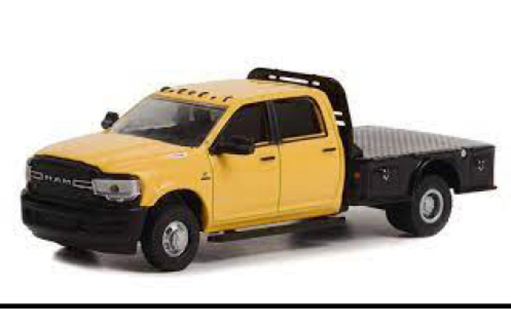 RAM 3 1/64 Greenlight Dodge 500 Tradesman Dually Flatbed giallo 2020 modellino in miniatura