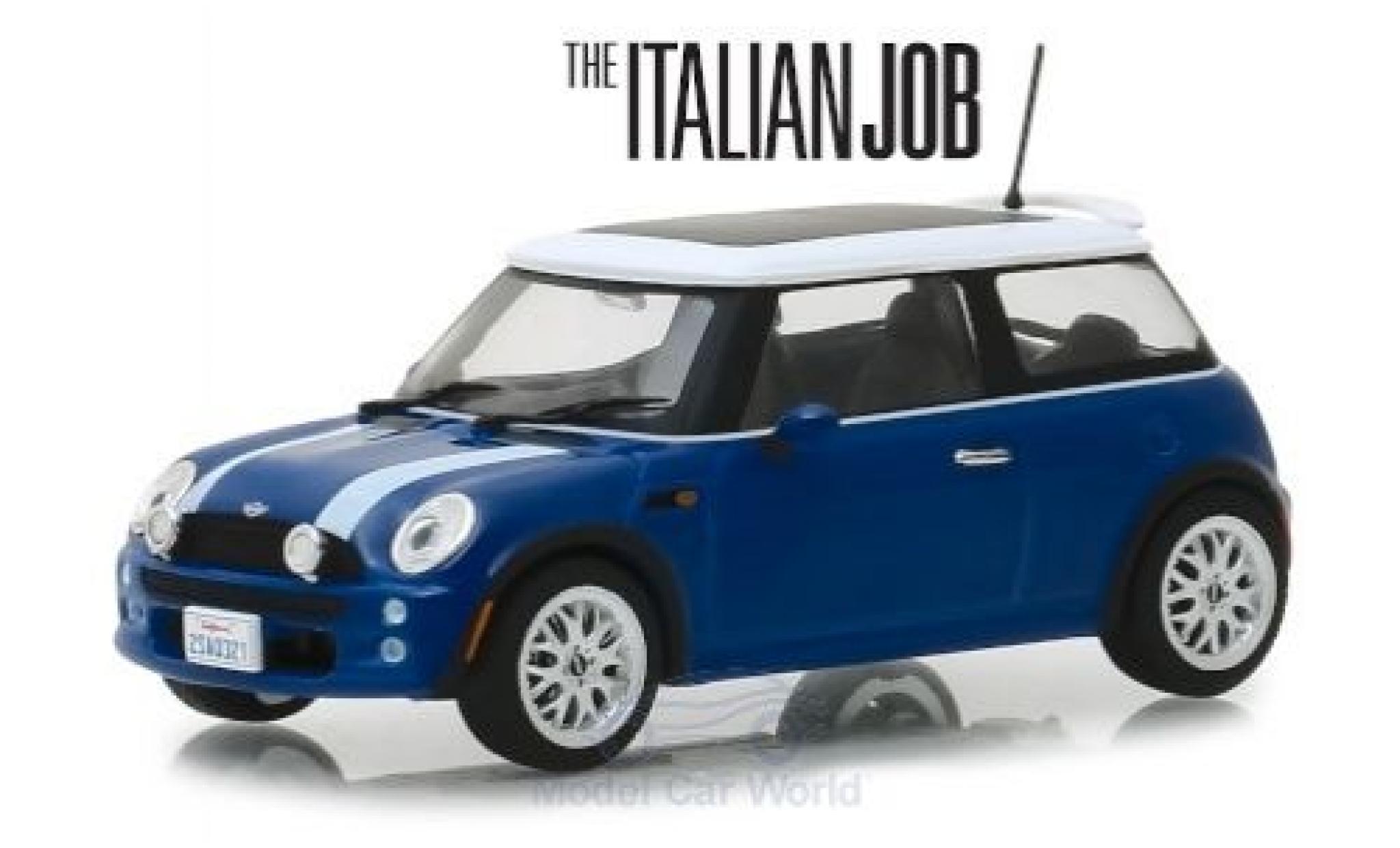 Mini Cooper 1/43 Greenlight blu/bianco RHD The Italian Job 2003 modellino in miniatura