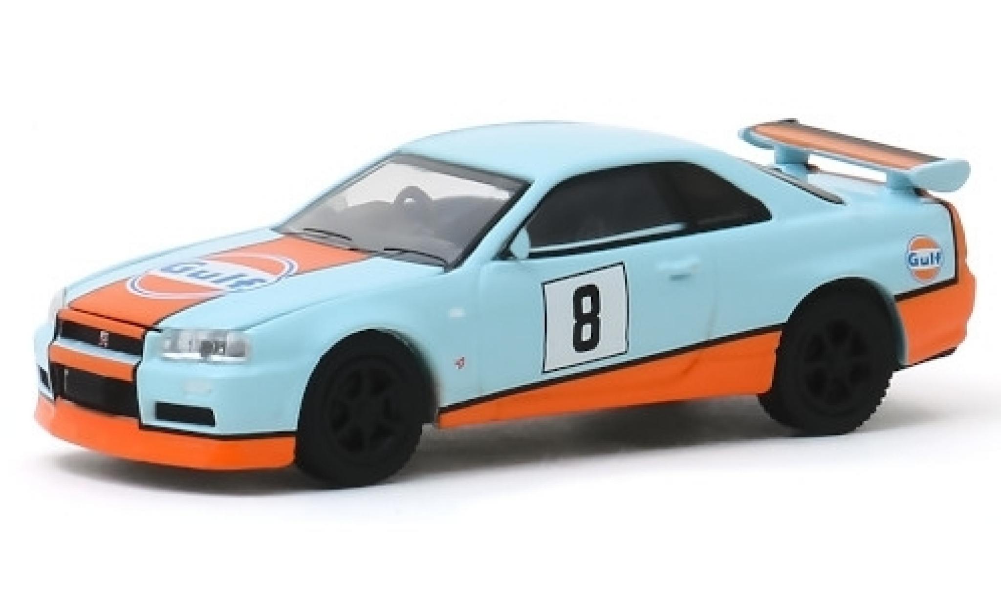 Nissan Skyline 1/64 Greenlight GT-R (BNR34) blu/bianco RHD Gulf 2001 No.8 modellino in miniatura
