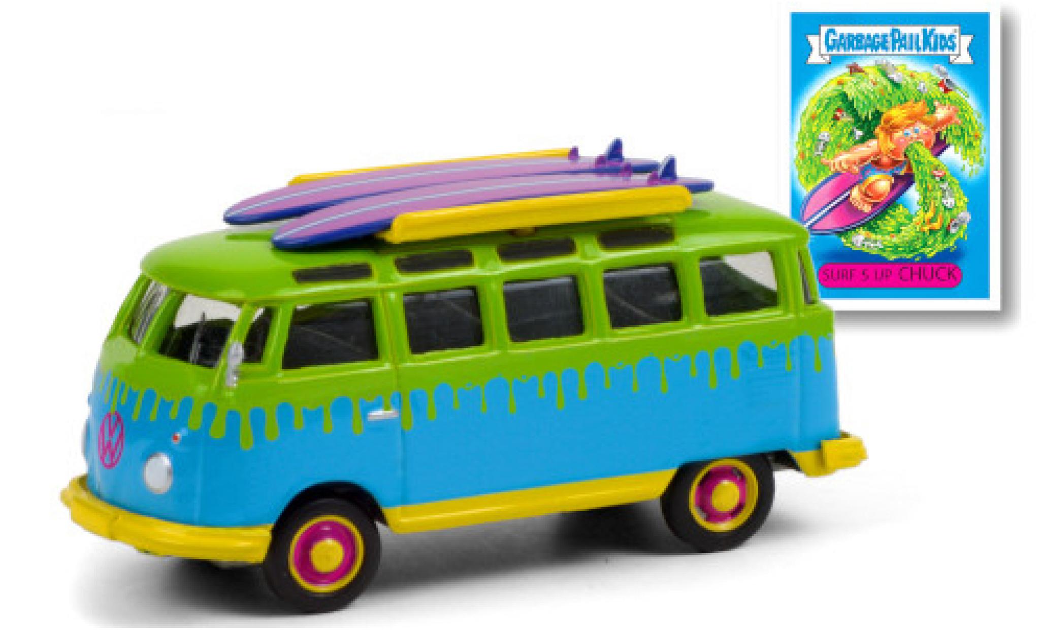 Volkswagen T1 1/64 Greenlight Samba blu/verde GPK - Garbage Pail Kids 1964 mit Surfboards auf Dachgepäckträger modellino in miniatura