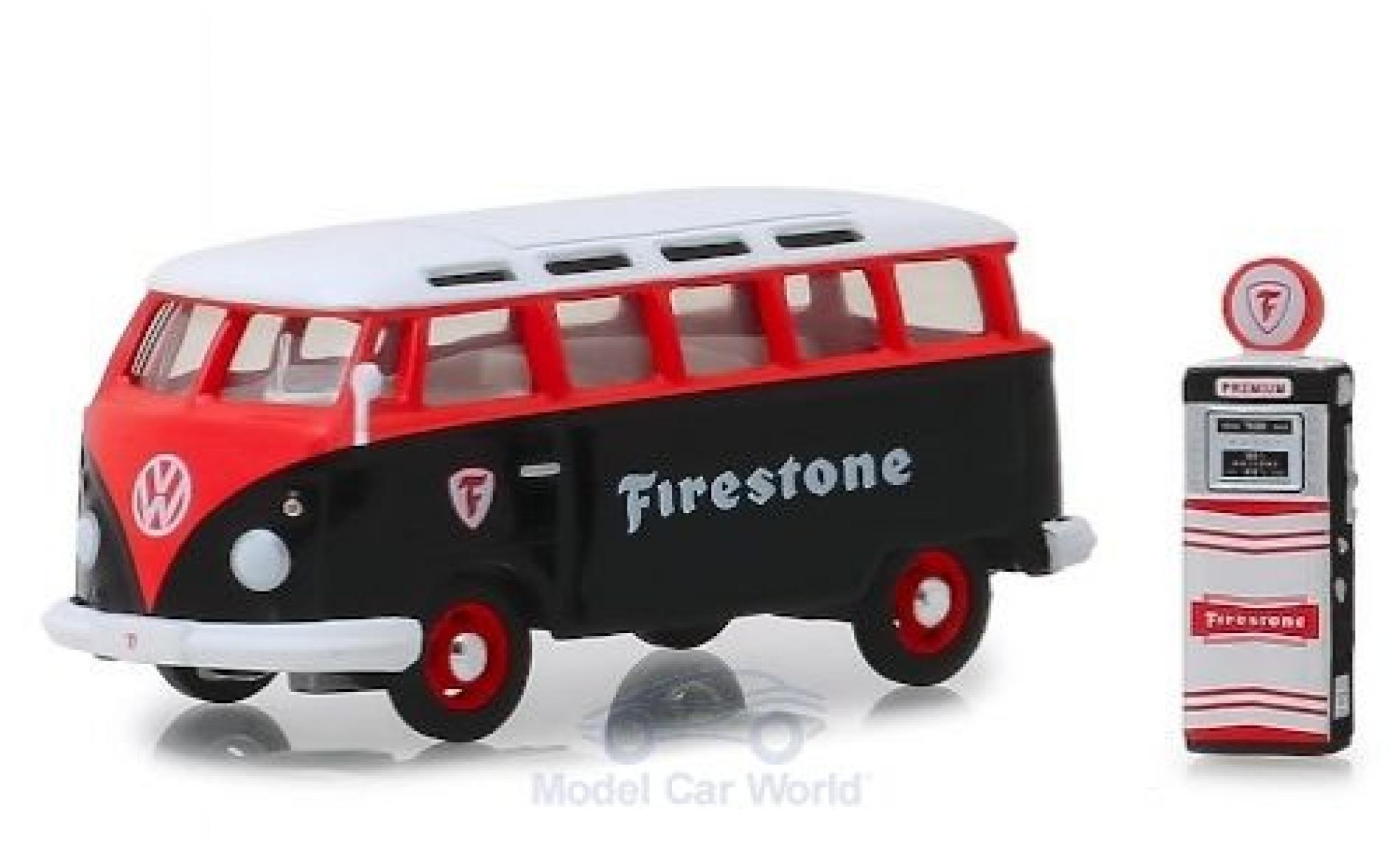 Volkswagen T1 1/64 Greenlight Samba Bus nero/rosso Firestone 1964 mit Zapfsäule modellino in miniatura