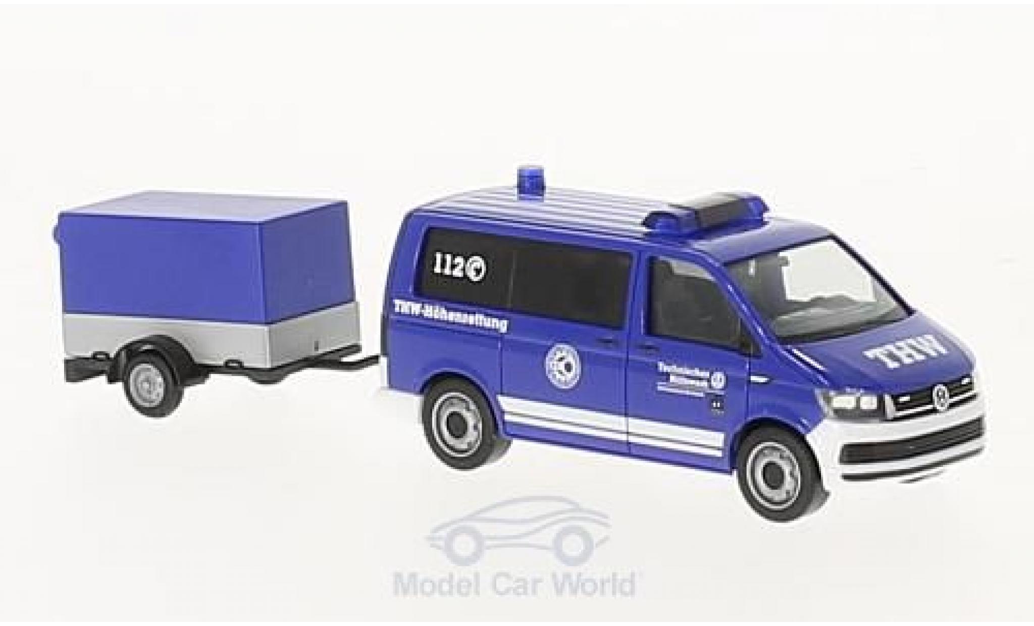 Volkswagen T6 1/87 Herpa Bus THW Korbach / Höhenrettung mit Pritschenanhänger modellino in miniatura