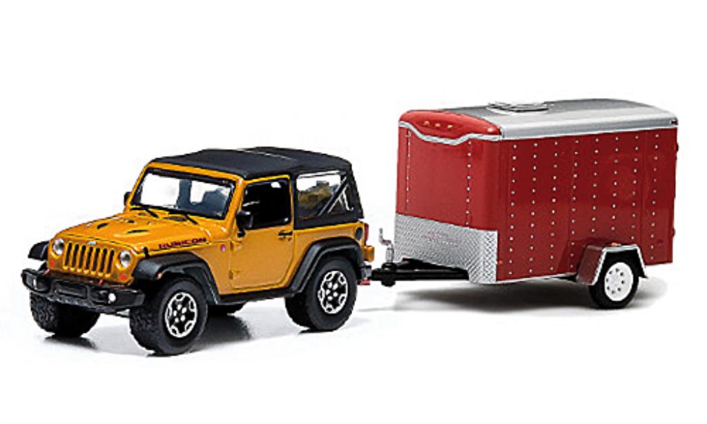 Jeep Wrangler 1/64 Greenlight Rubicon X giallo und 1-Achs-Anhanger 2014 modellino in miniatura