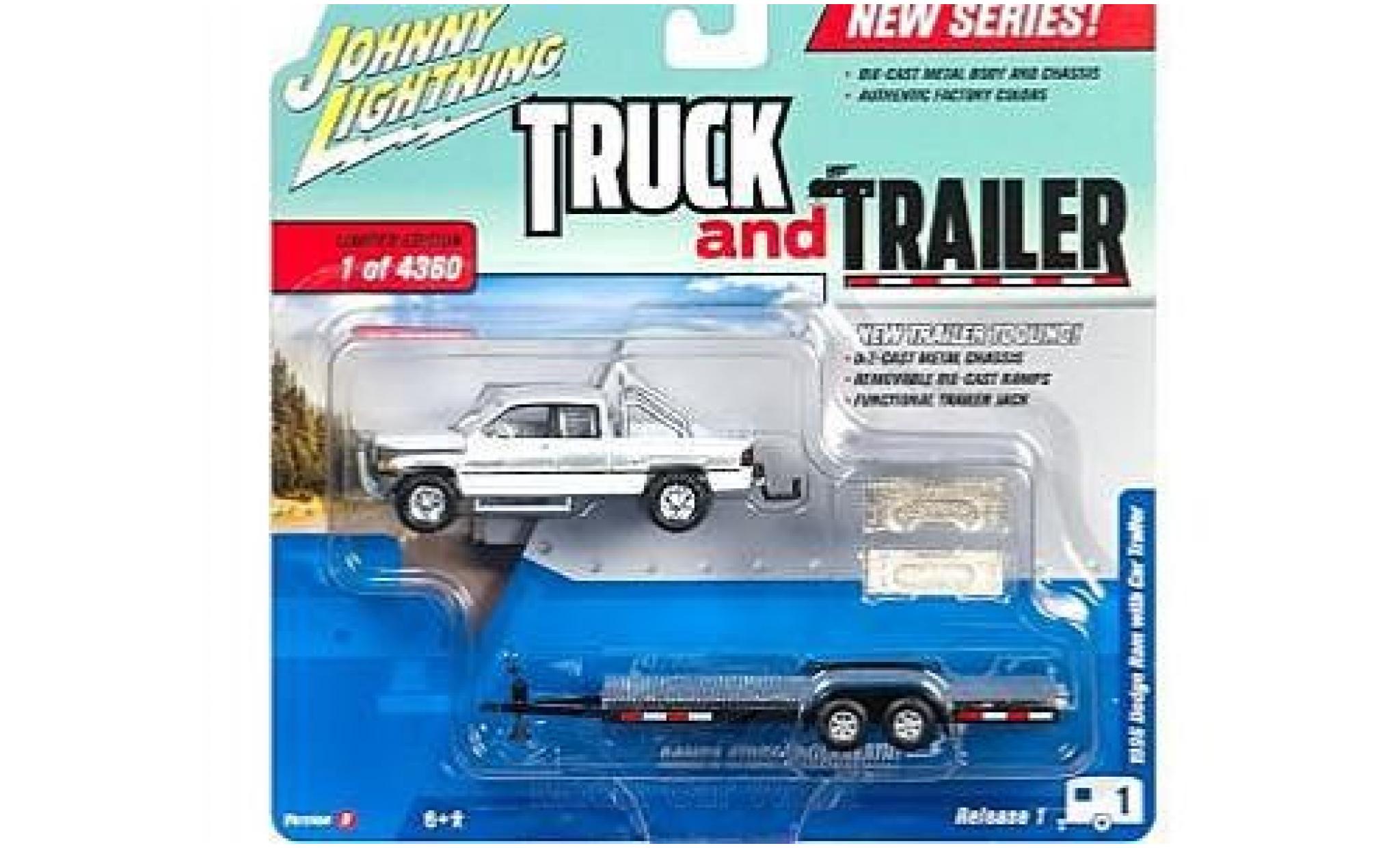 Dodge RAM 1/64 Johnny Lightning Ram 1500 bianco/grigio 1996 mit Flatbed Anhänger ohne Vitrine modellino in miniatura