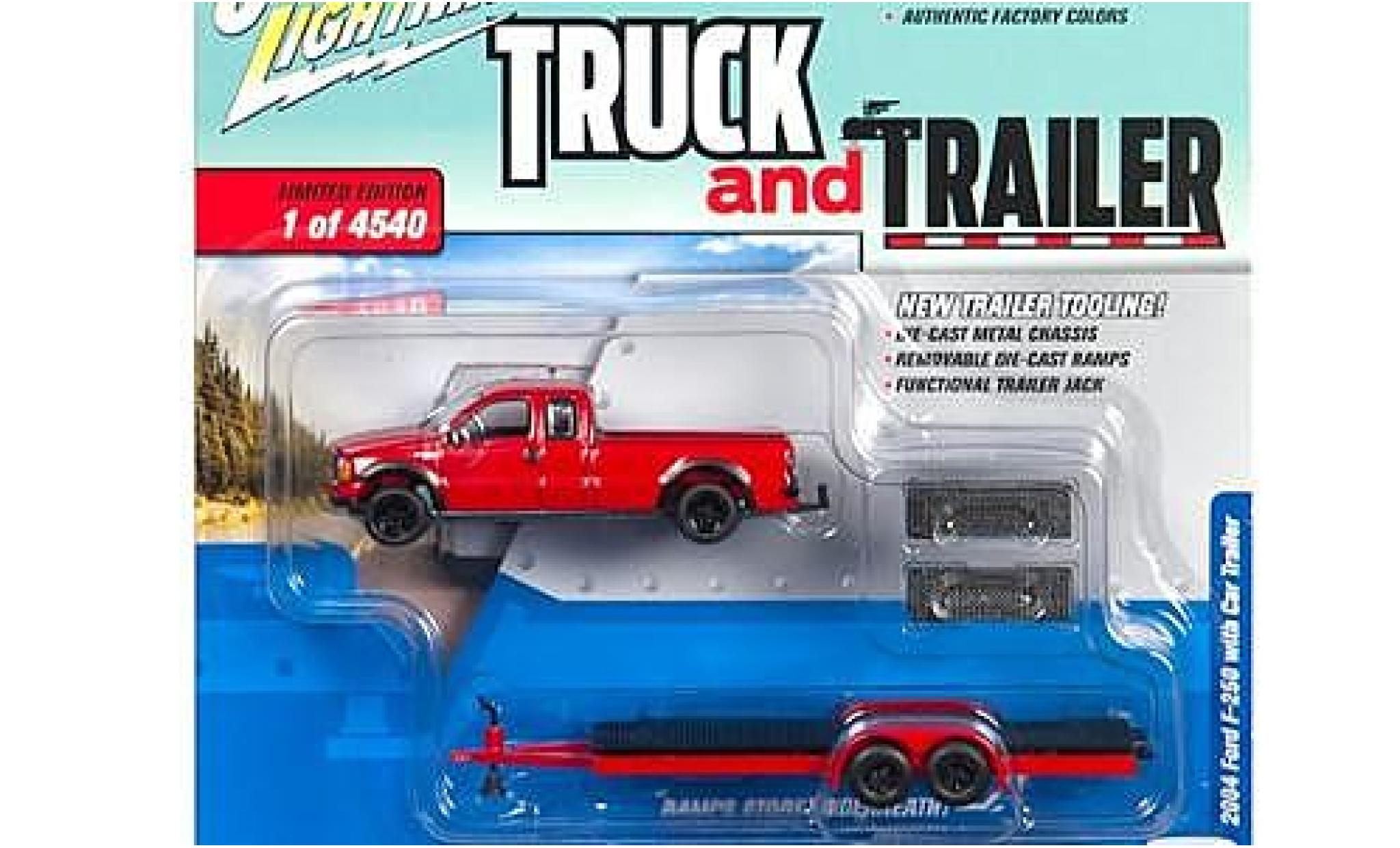 Ford F-250 1/64 Johnny Lightning rosso 2004 avec Flatbed remorque sans Vitrine modellino in miniatura