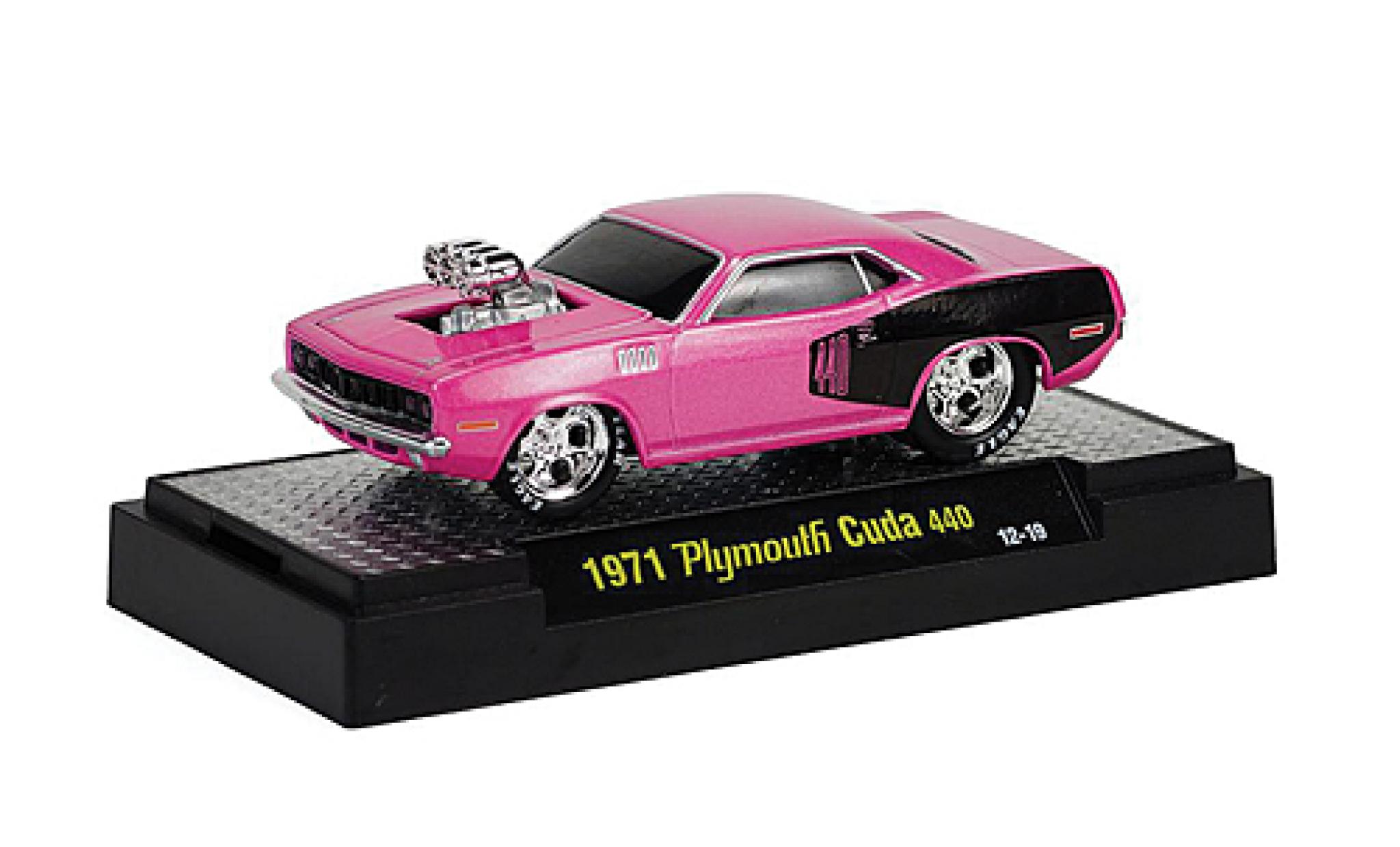 Plymouth Cuda 1/64 M2 Machines 440 Tuning lila/nero 1971 Ground Pounders modellino in miniatura