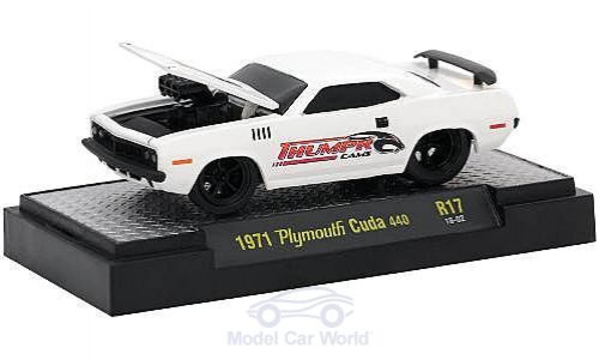 Plymouth Cuda 1971 1/64 M2 Machines 440 bianco Thumpr Cams 1971 modellino in miniatura