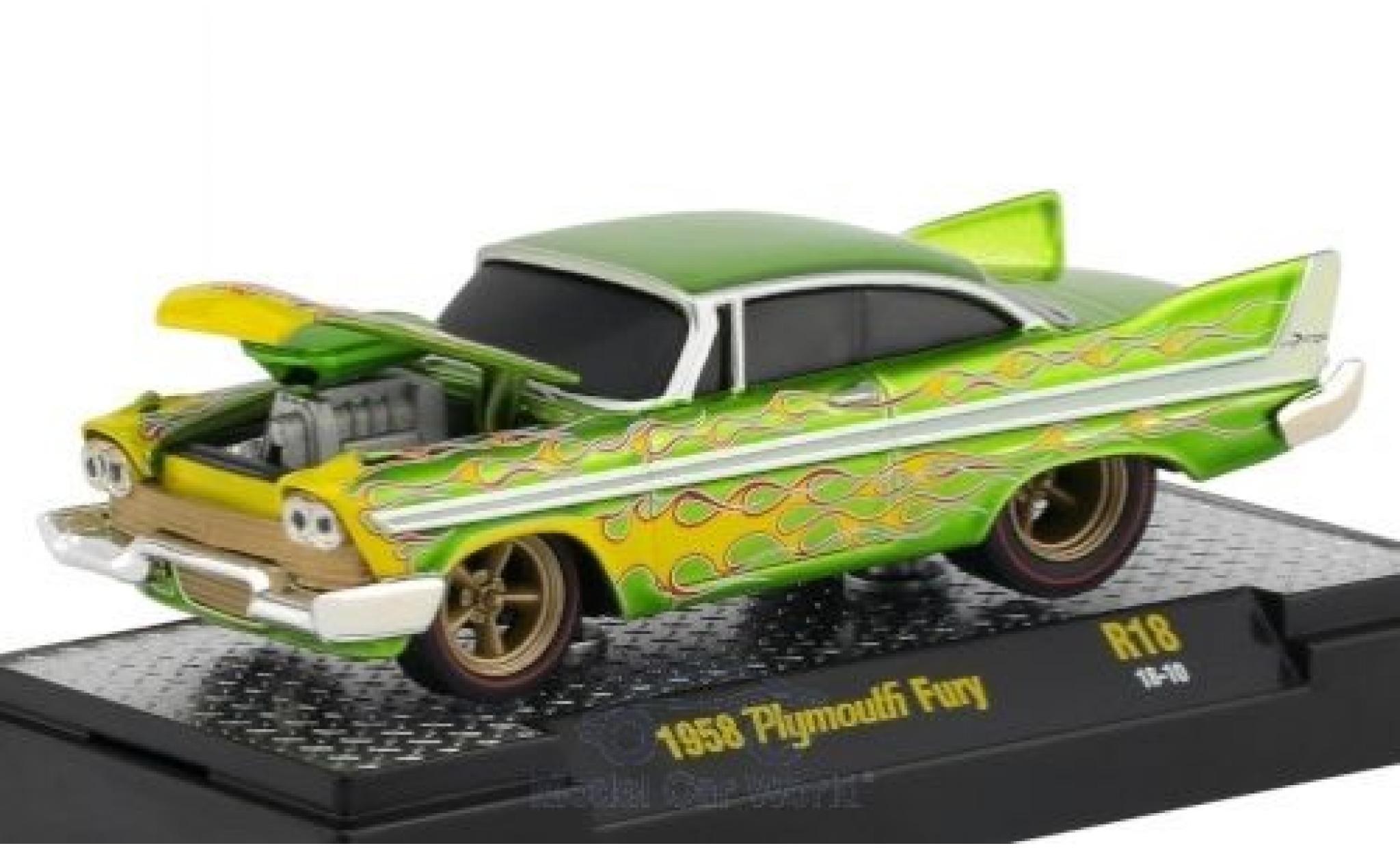Plymouth Fury 1/64 M2 Machines metallico verde/Dekor 1958 modellino in miniatura