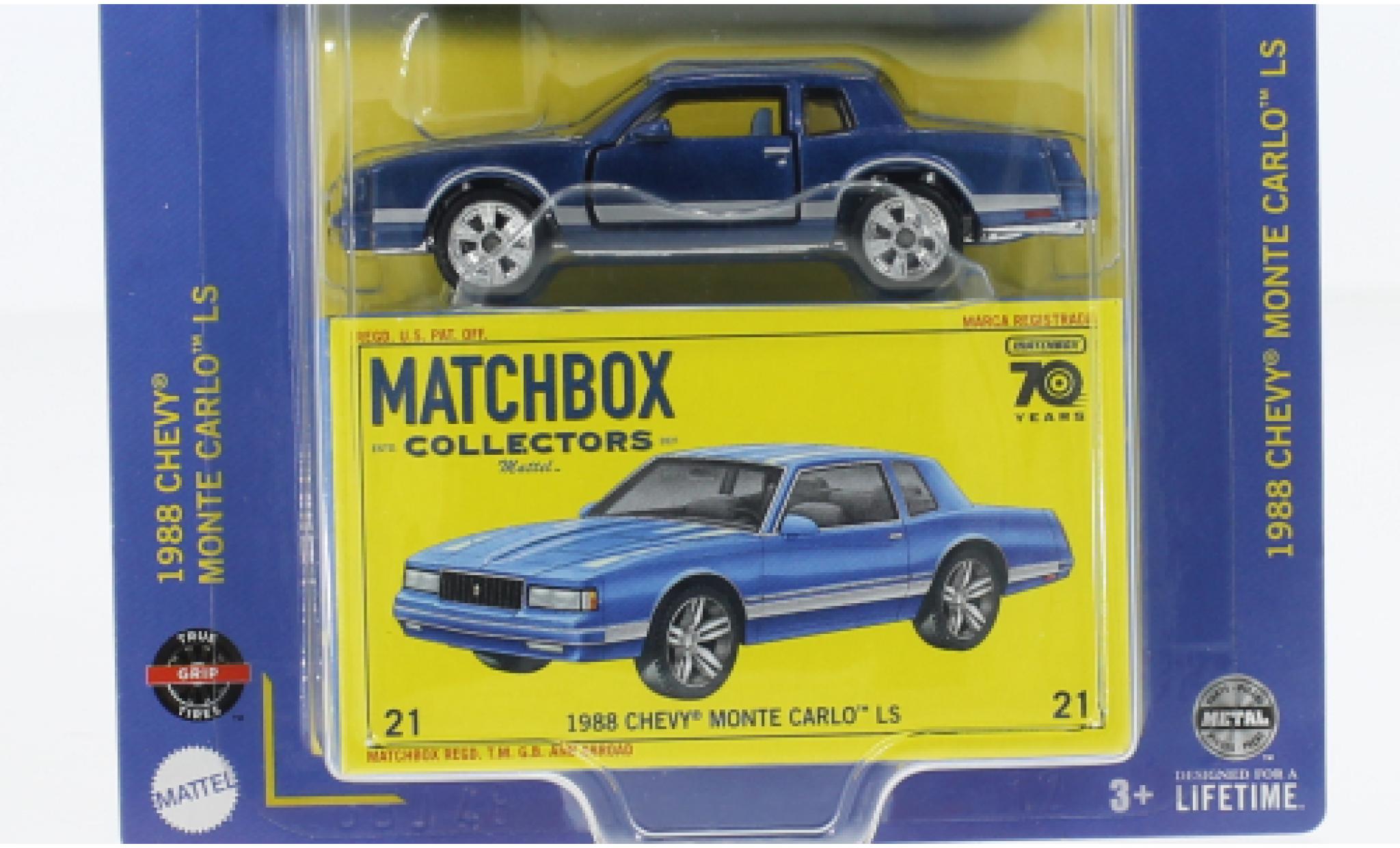 Chevrolet Monte Carlo 1/64 Matchbox LS blu/Décorer 1988 modellino in miniatura
