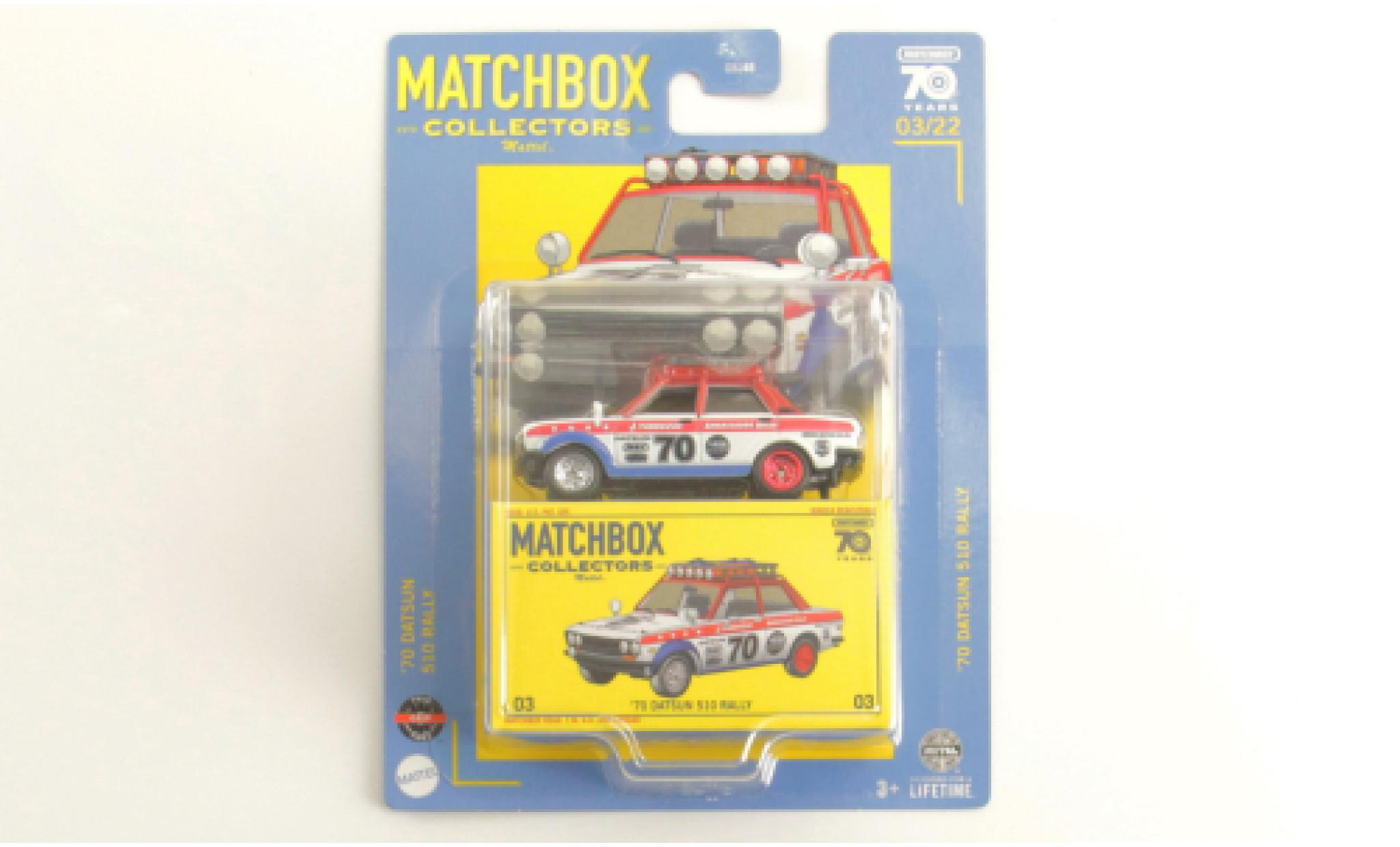 Datsun 510 1/64 Matchbox Rally 1970 modellino in miniatura